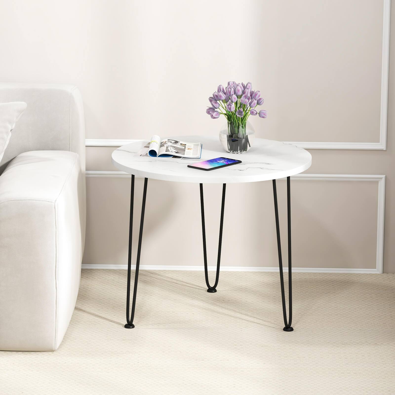 Alt View 11. Costway - Small Round Coffee Table w/ Thickened Tabletop & Metal Tripod Legs Faux Marble - White.