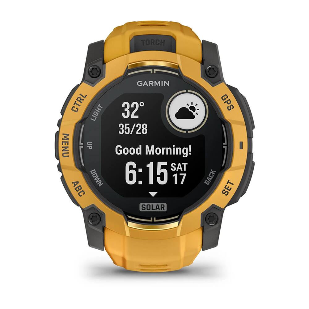 TORCH GARMIN CTRL LIGHT 32 GPS 35/28 MENU UP Good Morning! SAT 6:15 17 BACK ABC SET SOLAR