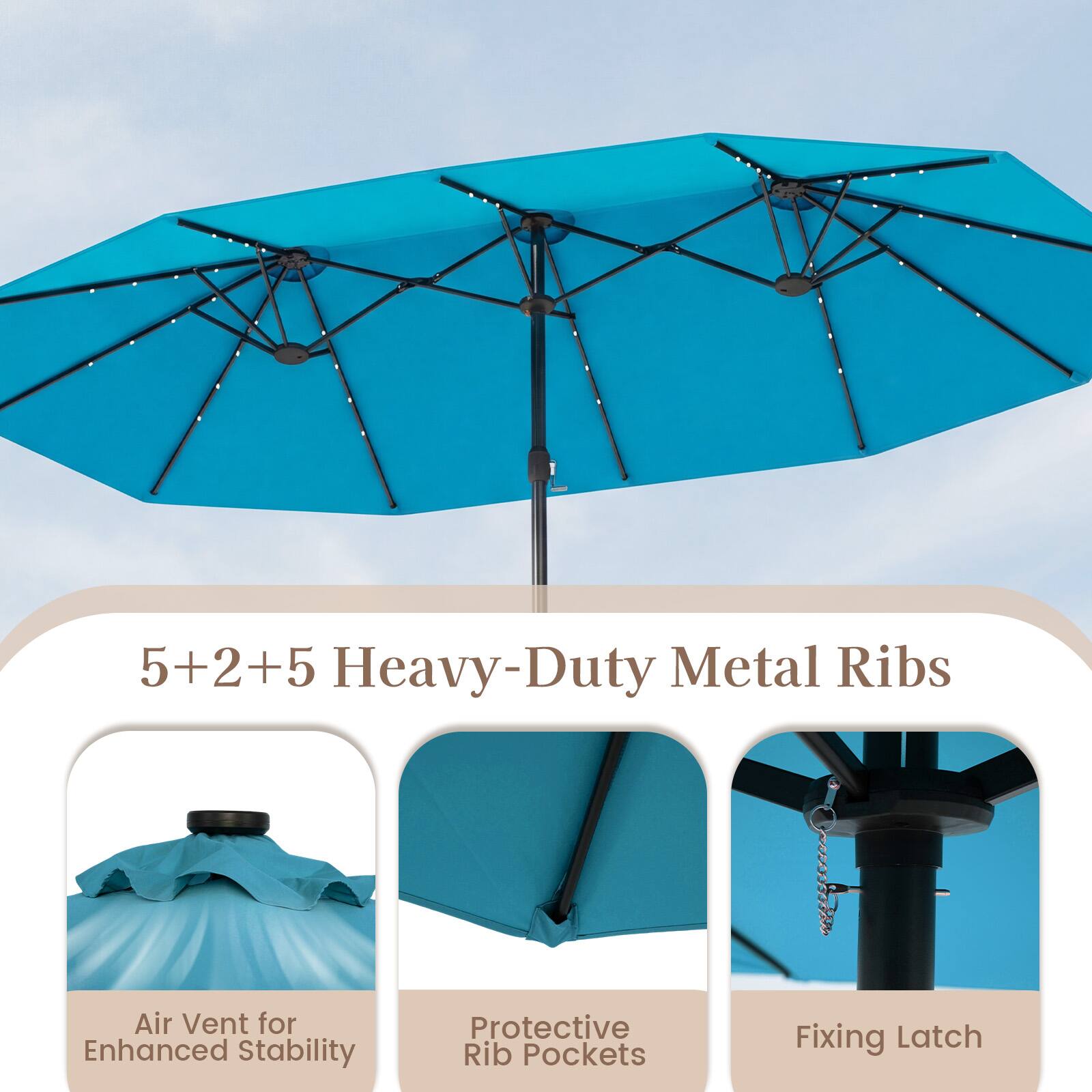 5+2+5 Heavy-Duty Metal Ribs  
Air Vent for Enhanced Stability  
Protective Rib Pockets  
Fixing Latch