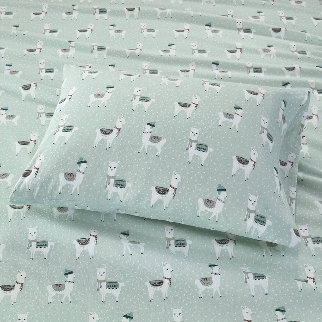 Alt View 2. Gracie Mills - Gracie Mills Persephone Cotton Flannel Sheet Set - Seafoam Llama.