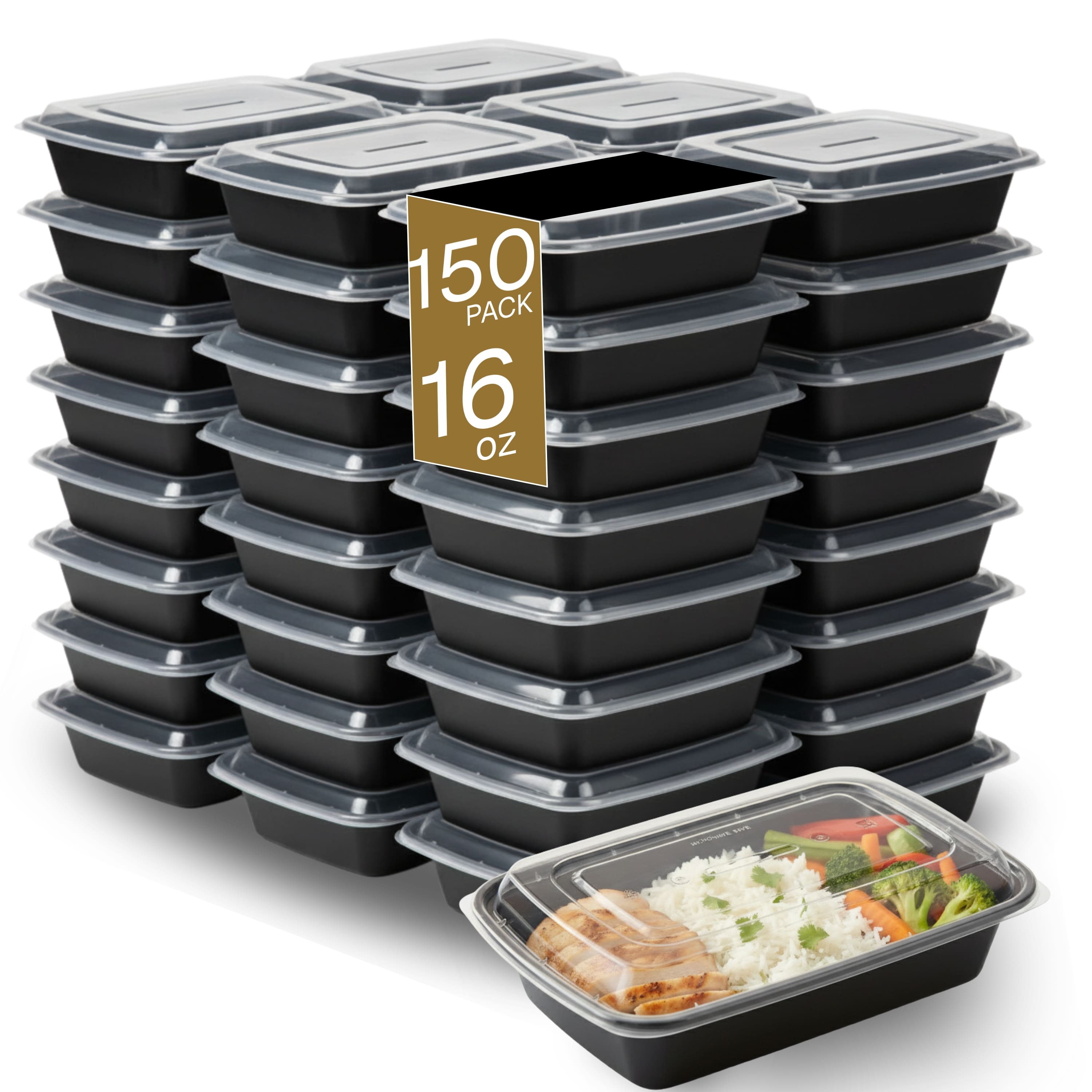 Eco Harmony Products - Microwaveable Container (Shallow) with Lid, 16oz, 150-Pack - Black
