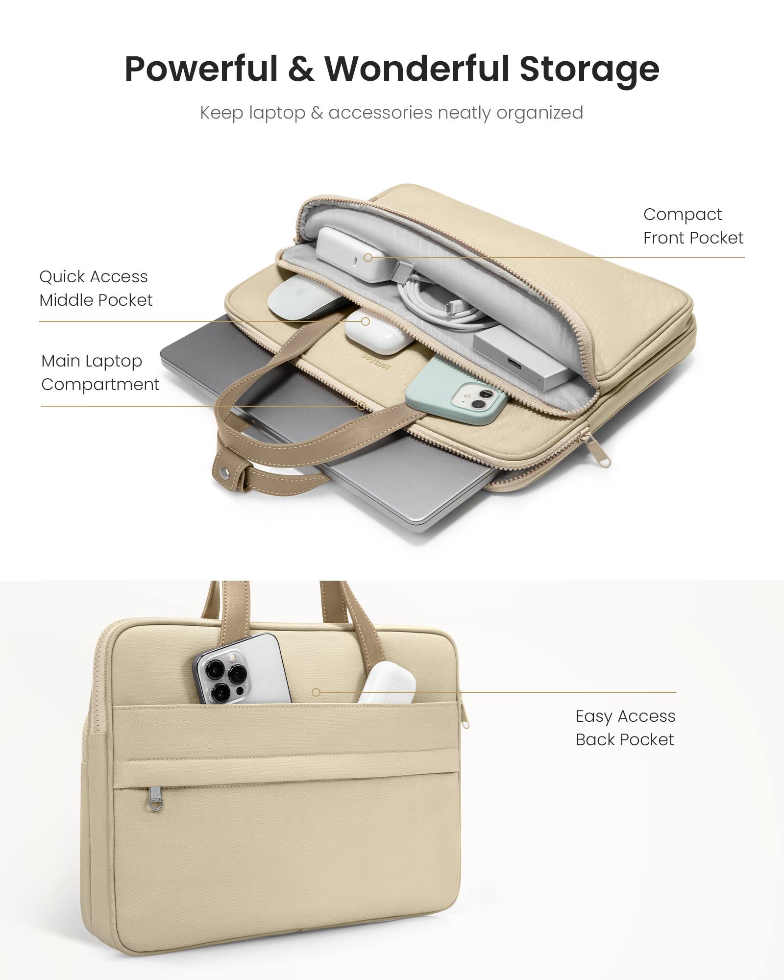 Powerful & Wonderful Storage: Keep laptop & accessories neatly organized. Compact Front Pocket: Quick Access. Middle Pocket: Main Laptop Compartment. Easy Access Back Pocket.