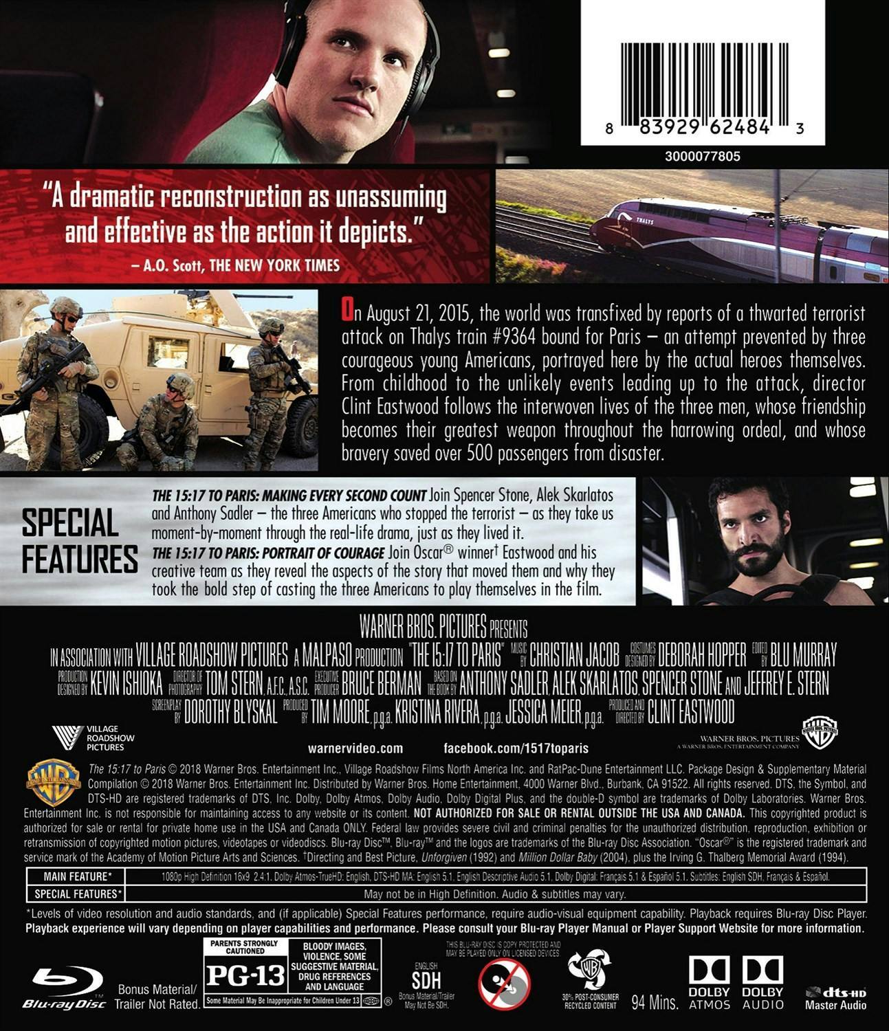 Back. The 15:17 to Paris [Blu-ray].
