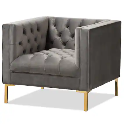 Front. Baxton Studio - Zanetta Luxe and Glamour Velvet Upholstered Gold Finished Lounge Chair - Grey.