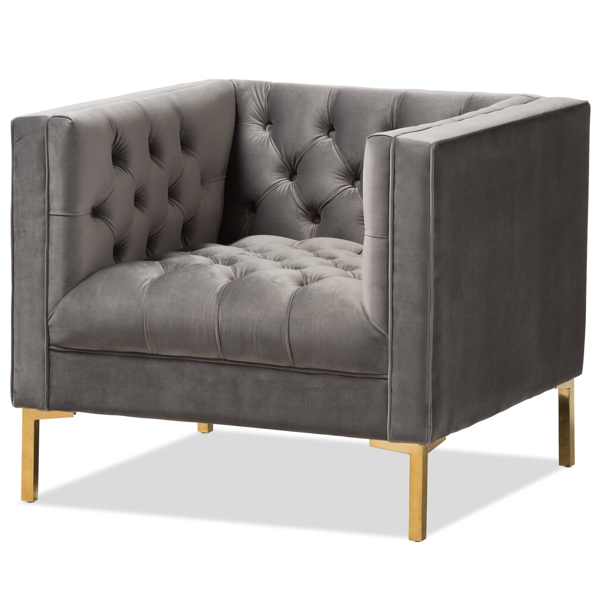 Front. Baxton Studio - Zanetta Luxe and Glamour Velvet Upholstered Gold Finished Lounge Chair - Grey.