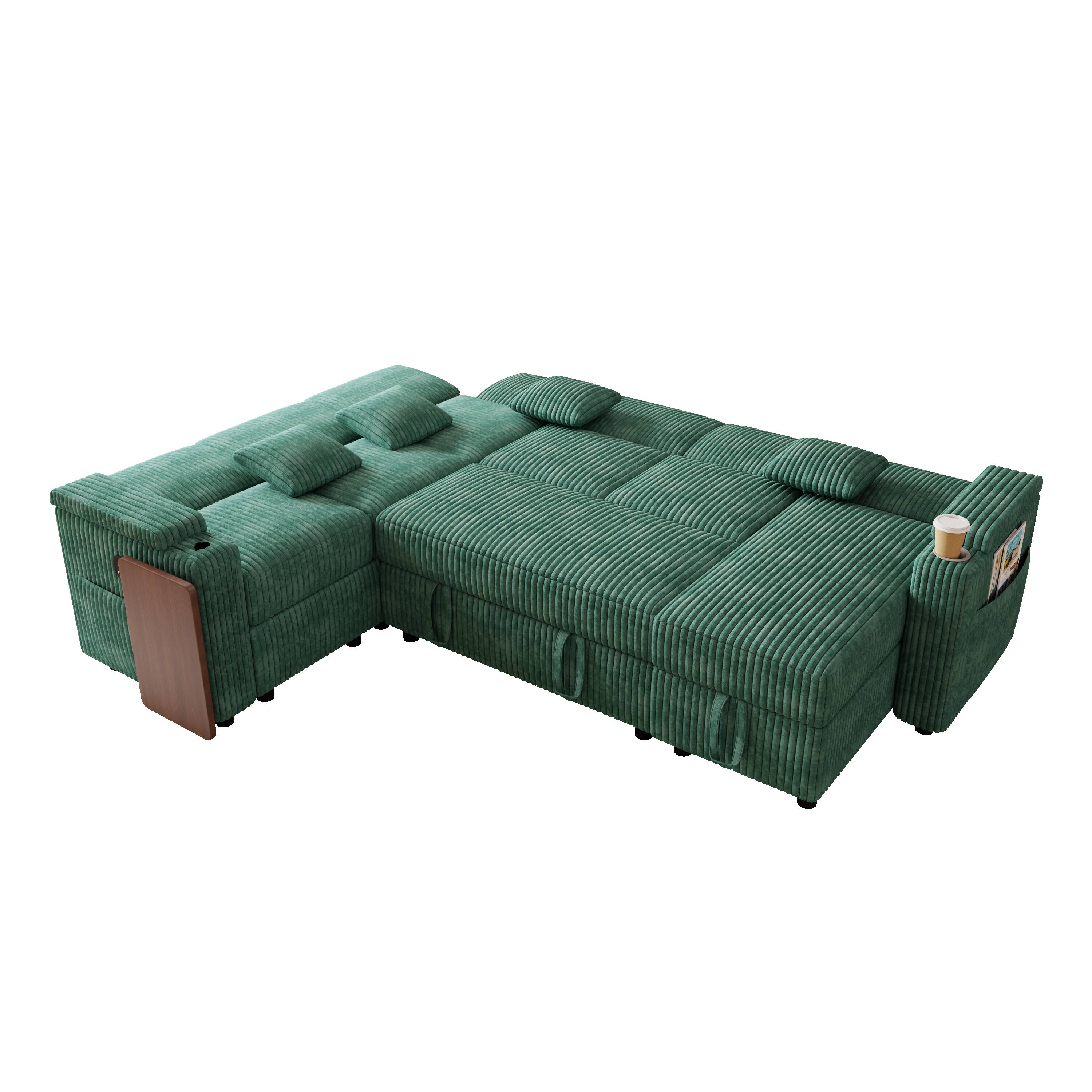 Alt View 1. Anysun - 100" Pull-Out Sofa Bed w/ USB, Table Board & Cup Holder, Corduroy Fabric, U-Shape Combo, Storage Lounge - Green.