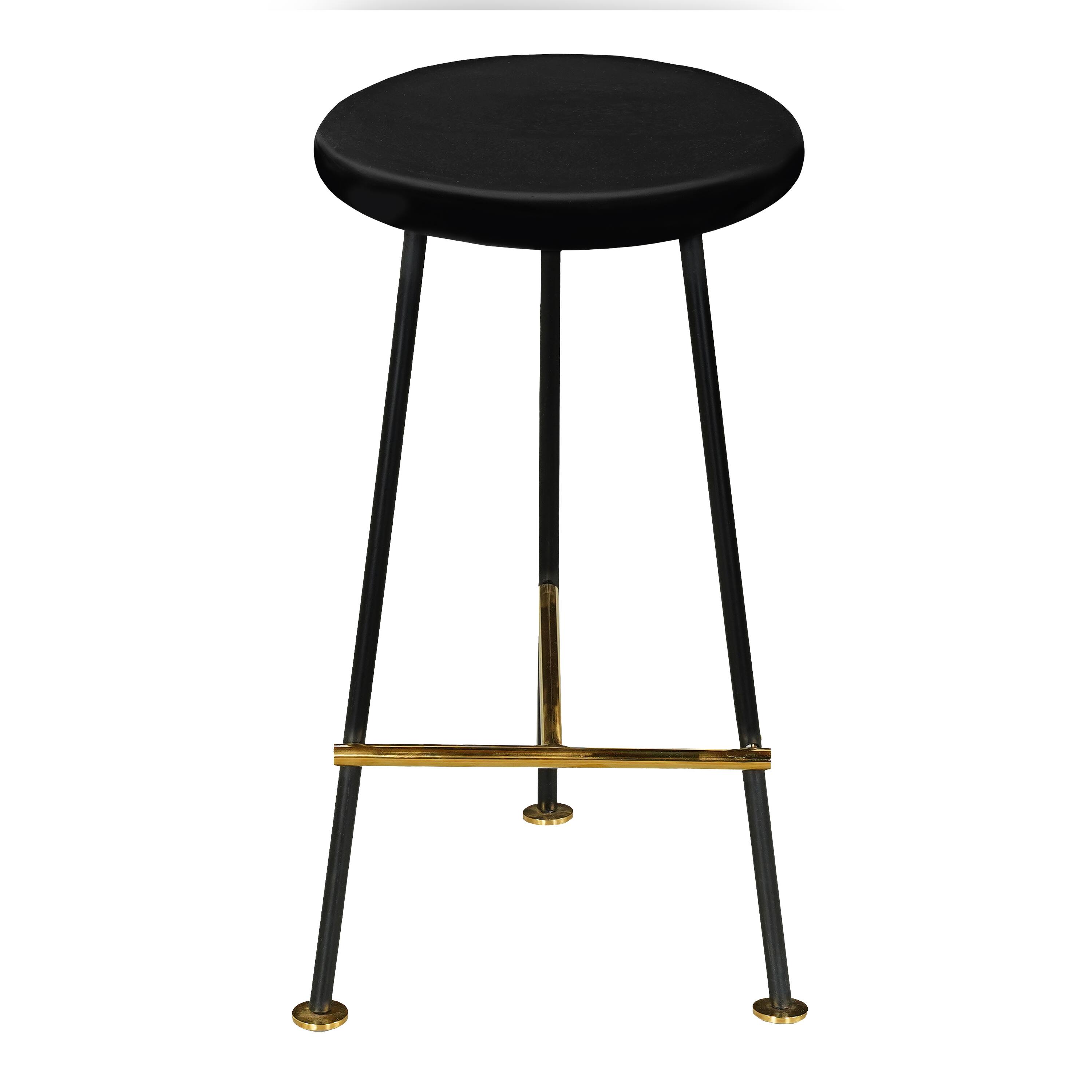 Alt View 1. Manhattan Lane - Elira 24 Inch Backless Counter Barstool with Round Mango Wood Seat | Black Iron Legs | Gold Footrest - Black, Gold.