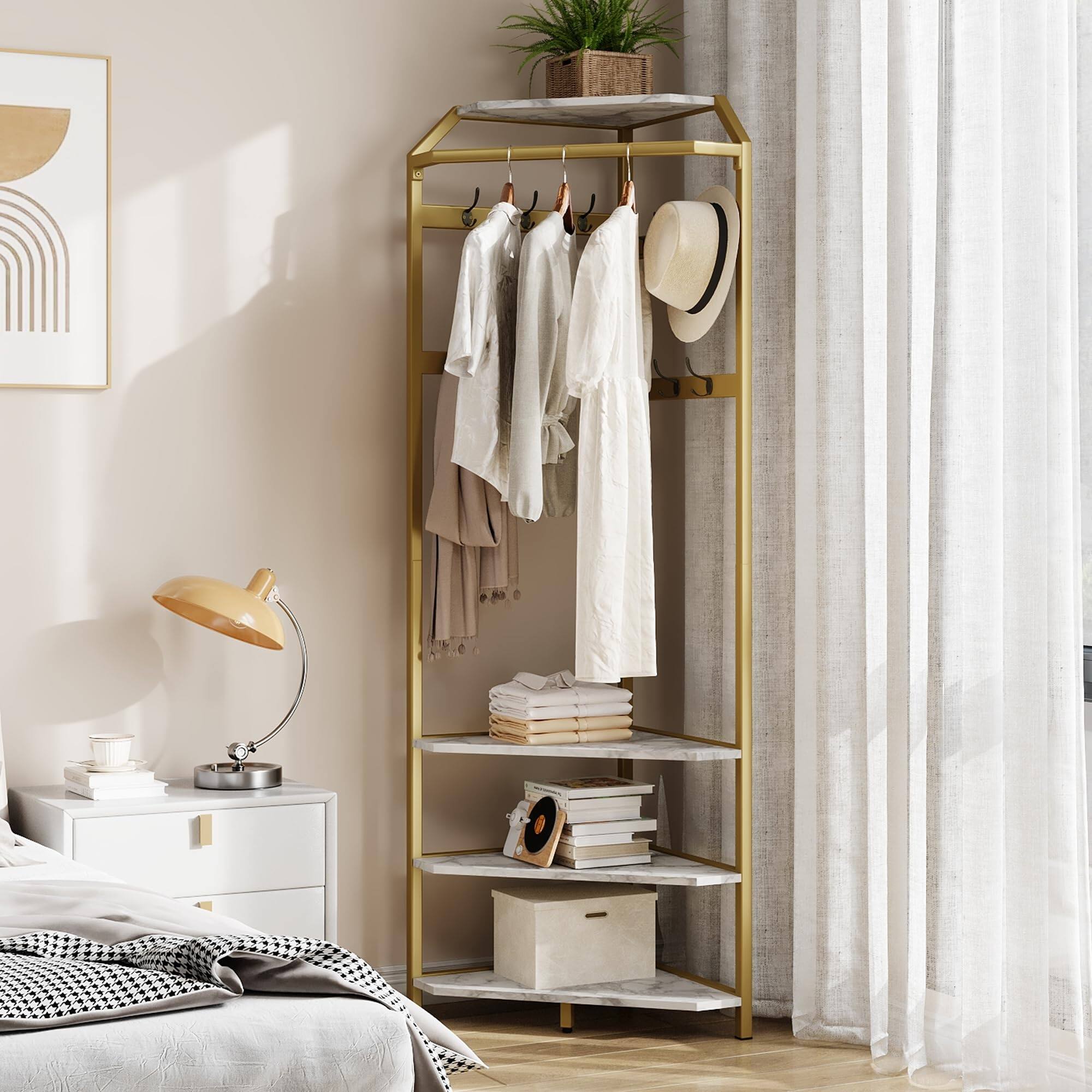 Back. Babevy - Corner Hall Tree with Shoe Bench, 6 Double Hooks & Storage Shelves, Space-Saving 3-in-1 Coat Rack - Gold.