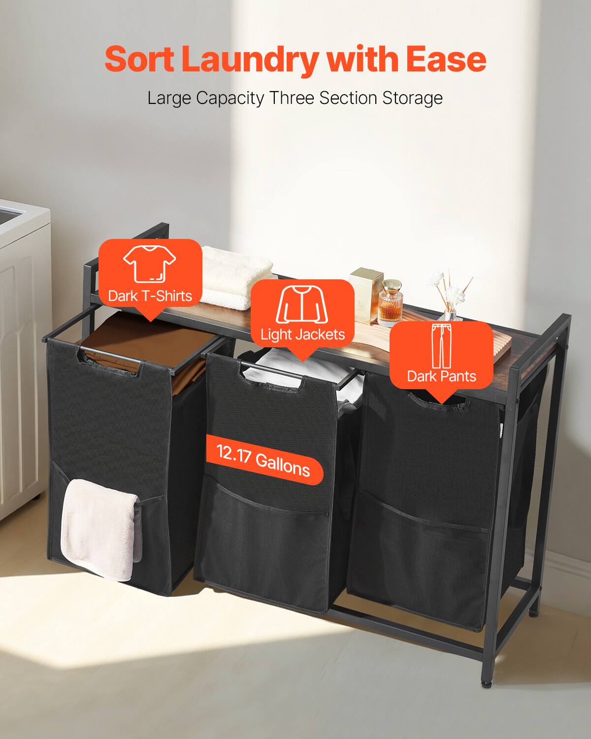 Sort Laundry with Ease  
Large Capacity Three Section Storage  

- Dark T-Shirts  
- Light Jackets  
- Dark Pants  

12.17 Gallons