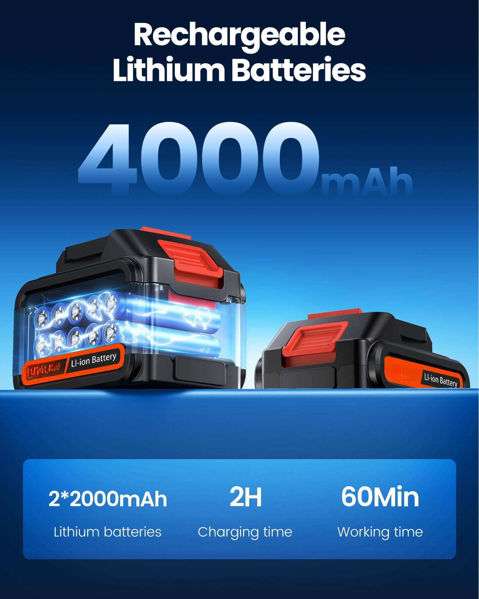 Rechargeable Lithium Batteries  
4000mAh  

2*2000mAh  
Lithium batteries  

2H  
Charging time  

60Min  
Working time