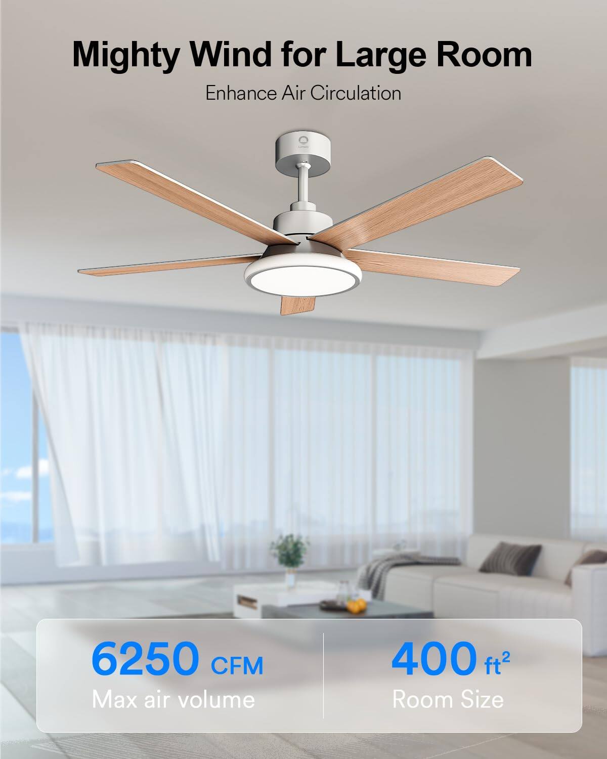 Mighty Wind for Large Room  
Enhance Air Circulation  

6250 CFM  
Max air volume  

400 ft²  
Room Size