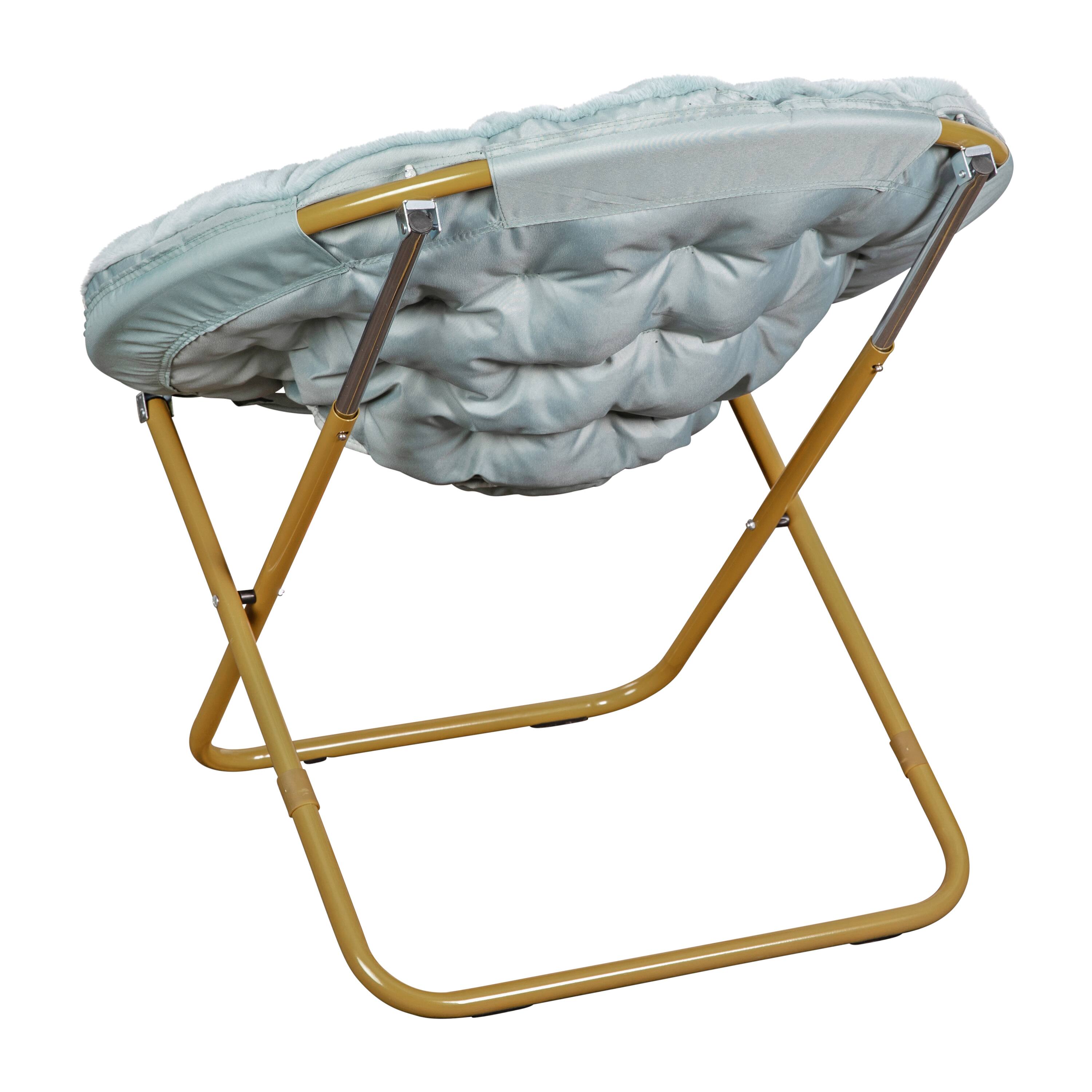 Alt View 7. Emma + Oliver - Ersa Oversize Folding Saucer Chair with Cozy Faux Fur Cushion and Metal Frame for Dorms, Bedrooms, Apartments and More - Dusty Aqua Faux Fur/Soft Gold Frame.