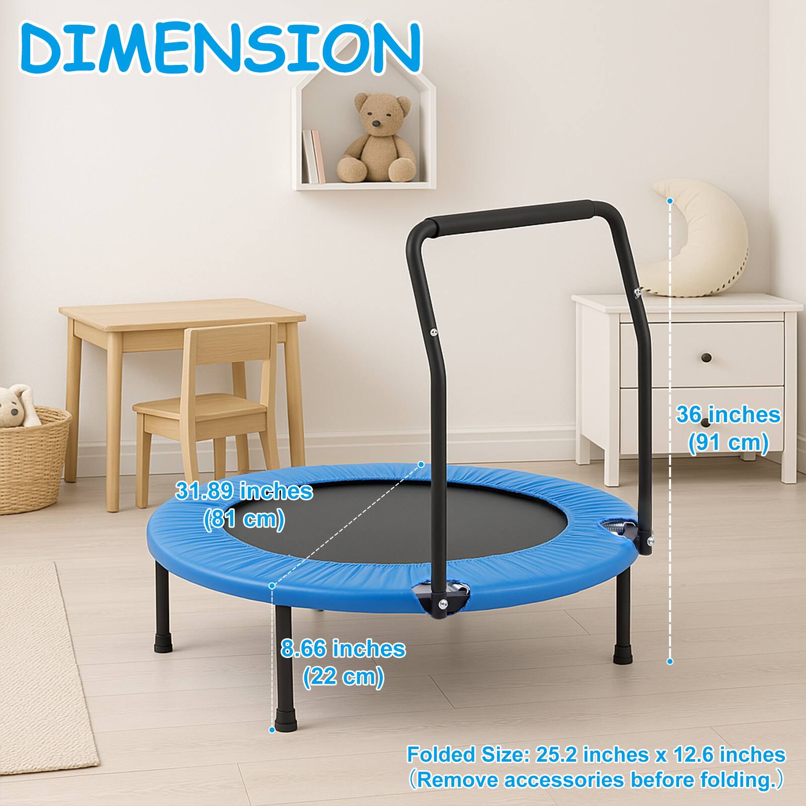 DIMENSION

- 36 inches (91 cm)
- 31.89 inches (81 cm)
- 8.66 inches (22 cm)

Folded Size: 25.2 inches x 12.6 inches (Remove accessories before folding.)