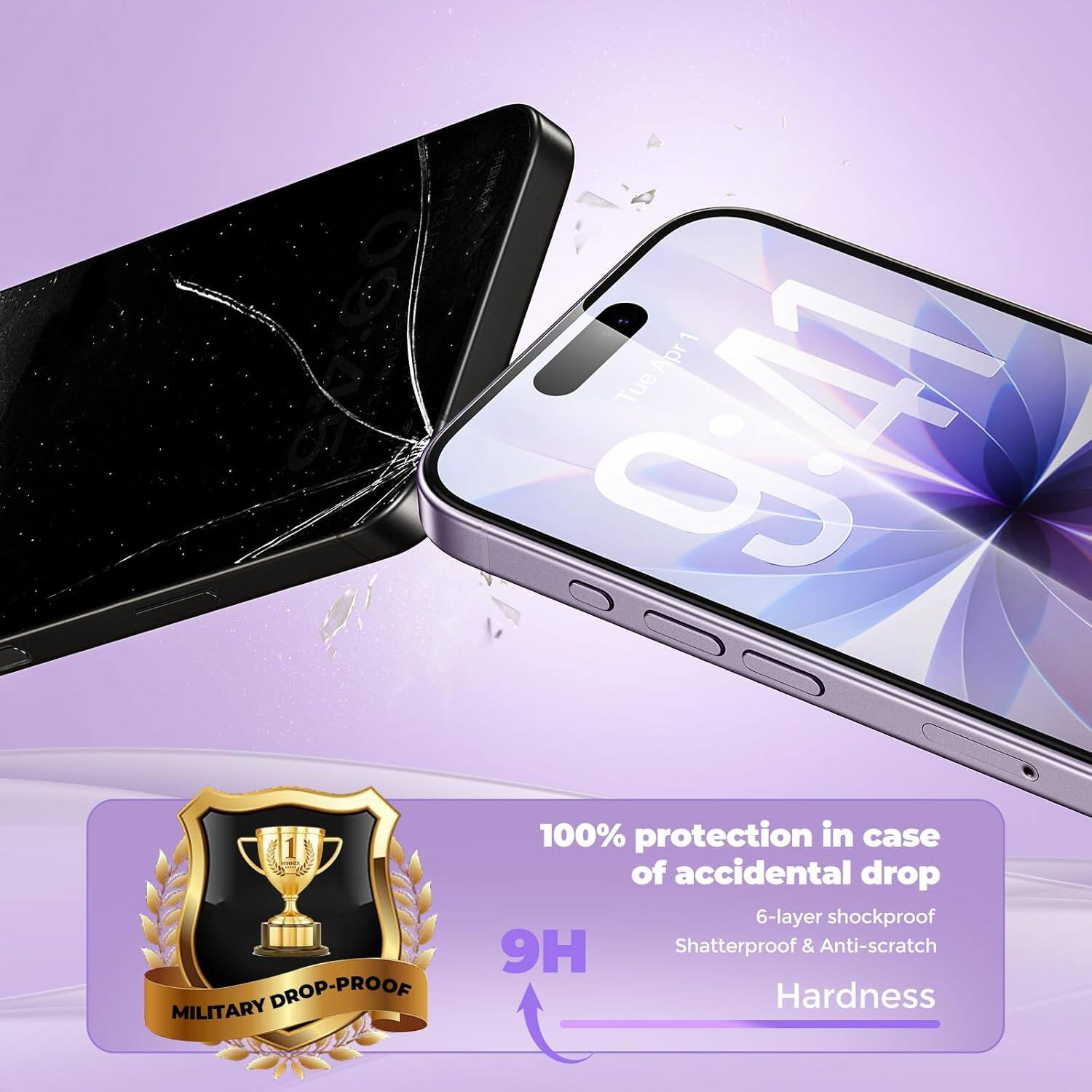 Seess! MILITARY DROP-PROOF

1 Apr Tue 9:41

100% protection in case of accidental drop

6-layer shockproof

9H Shatterproof & Anti-scratch Hardness