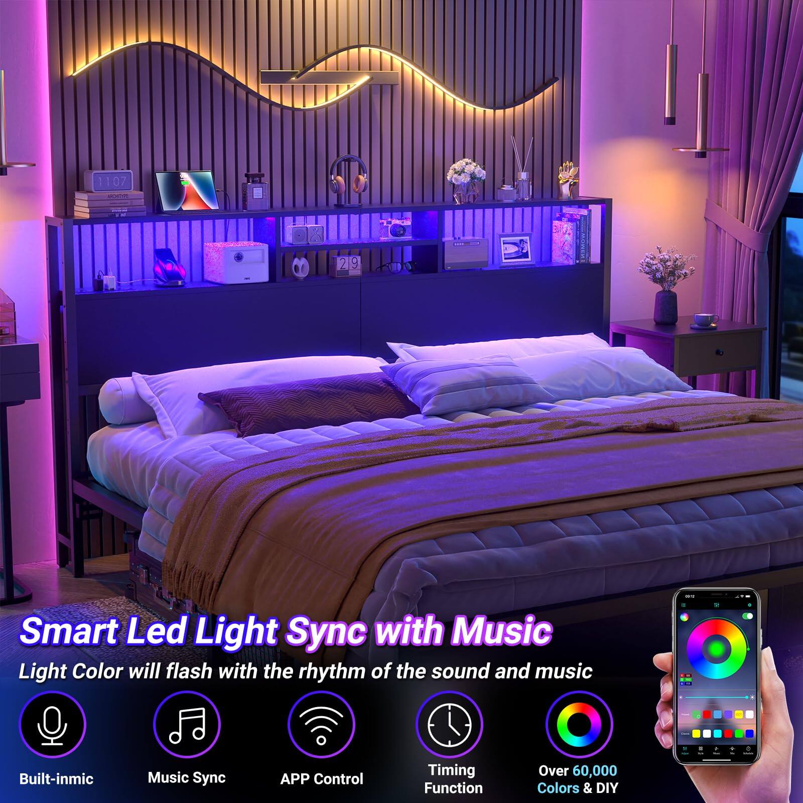 1107 R 219 Smart Led Light Sync with Music  
Light Color will flash with the rhythm of the sound and music  
- Built-in mic  
- Music Sync  
- APP Control  
- Timing Function  
- Over 60,000 Colors & DIY