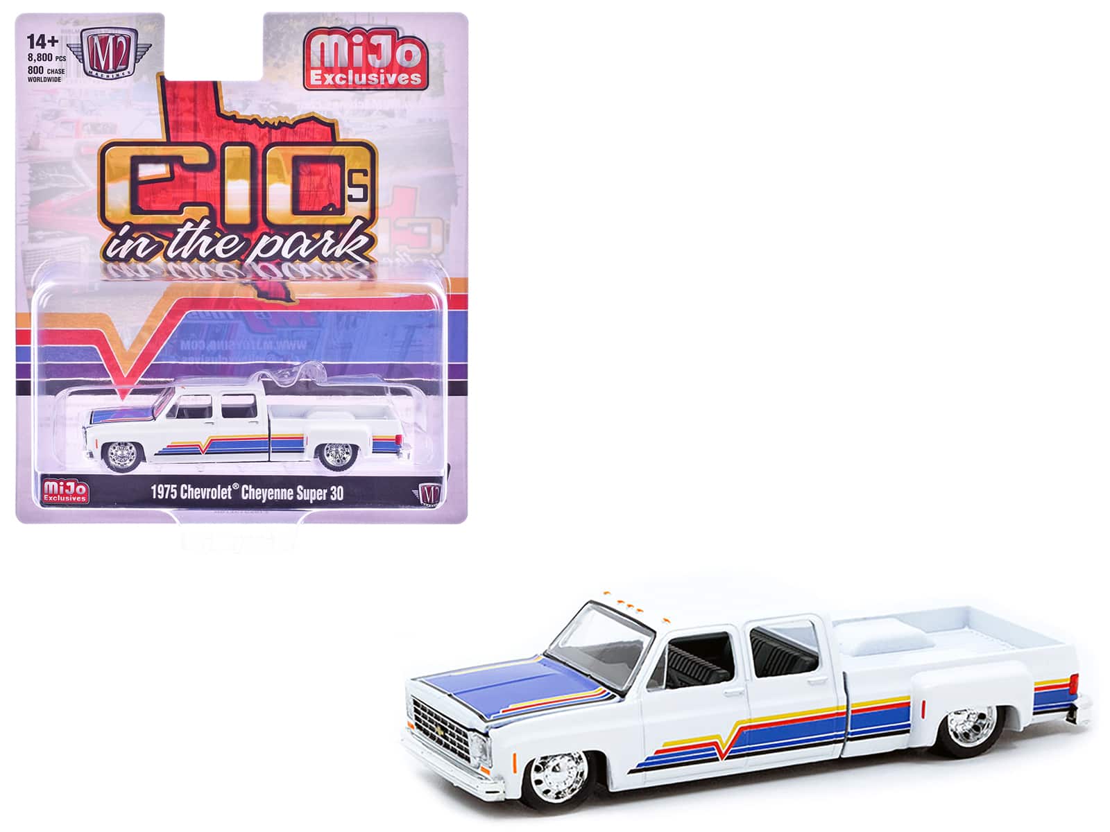M2 - 1975 Chevrolet Cheyenne Super 30 Dually Pickup Hood & Stripes 1/64 Diecast Model Limited 8800 pcs - White Blue