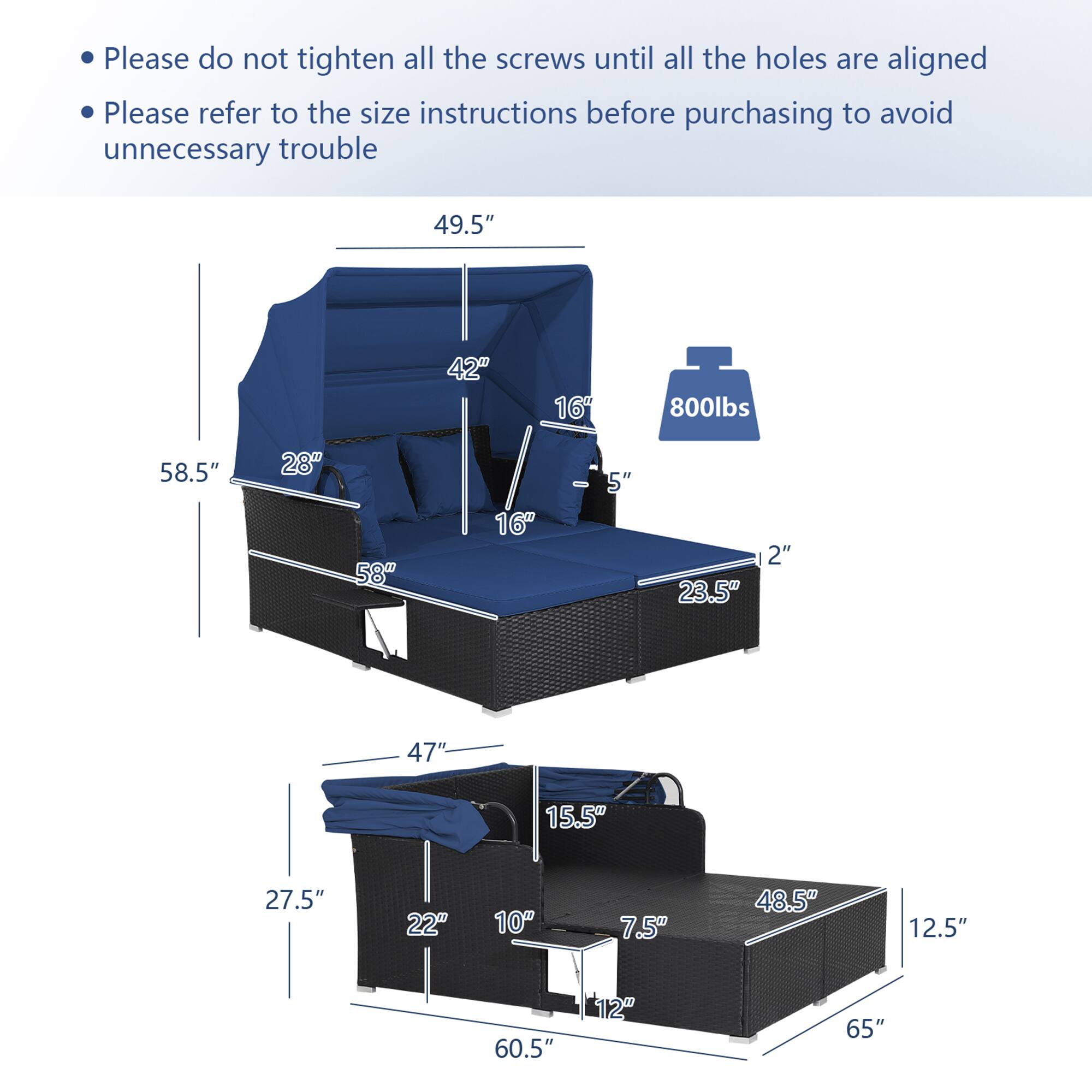 Please do not tighten all the screws until all the holes are aligned.  
Please refer to the size instructions before purchasing to avoid unnecessary trouble.

- 49.5"
- 42"
- 28"
- 58.5"
- 16"
- 58"
- 16"
- 5"
- 2"
- 23.5"
- 47"
- 15.5"
- 27.5"
- 22"
- 10"
- 7.5"
- 48.5"
- 12.5"
- 60.5"
- 12"
- 65"