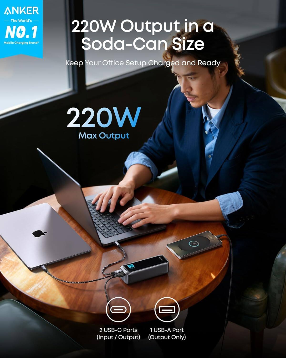 ANKER  
The World's NO.1 Mobile Charging Brand  

220W Output in a Soda-Can Size  
Keep Your Office Setup Charged and Ready  

220W Max Output  

2 USB-C Ports (Input / Output)  
1 USB-A Port (Output Only)