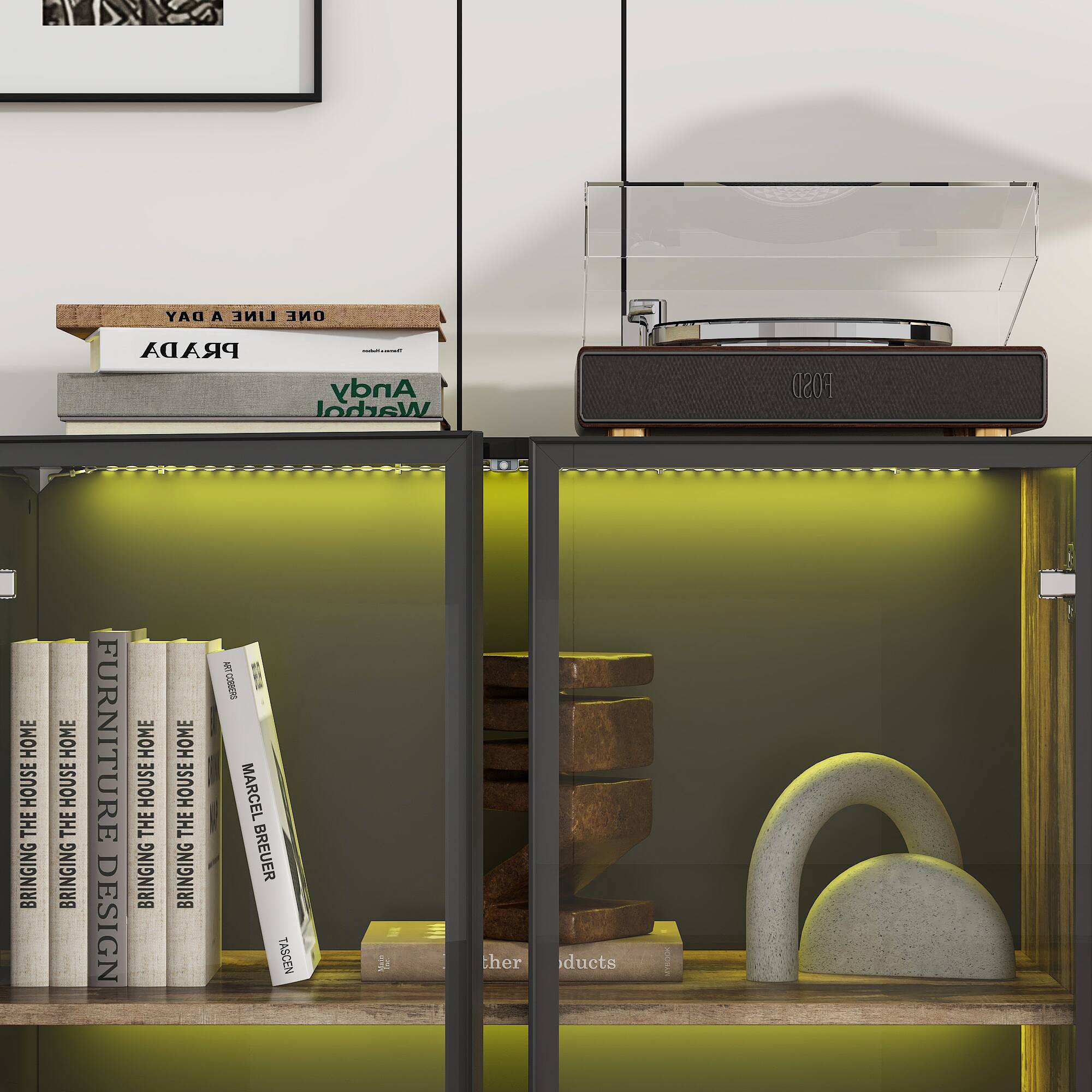 Sure, here is the corrected and grouped text from the image:

**Top Shelf:**
- "ONE LINE A DAY"
- "BRAVA"
- "WORLDWIDE"

**Middle Shelf:**
- "FURNITURE DESIGN BRINGING THE HOUSE HOME"
- "MARCEL BREUER"
- "TASCHEN"

**Bottom Shelf:**
- "FURNITURE DESIGN BRINGING THE HOUSE HOME"
- "MARCEL BREUER"
- "TASCHEN"

**Other Text:**
- "ther ducts"
- "products"