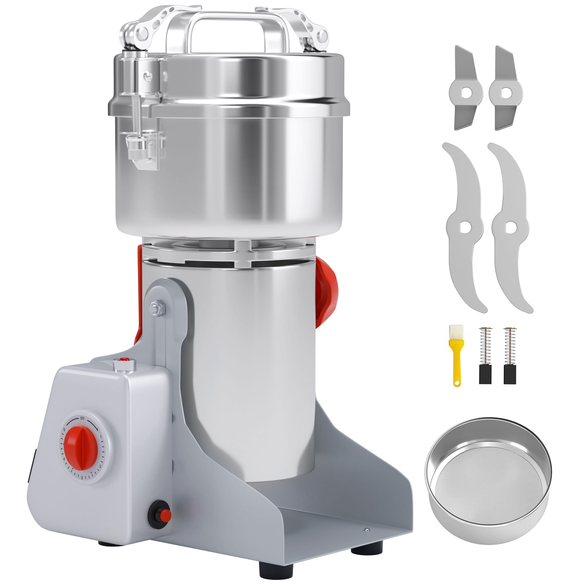 Front. Topteng - 700g Commercial Grain Grinder, 28000RPM High-Speed Electric Mill, 1800W, Stainless Steel for Herb/Spice/Cereal - Chrome.