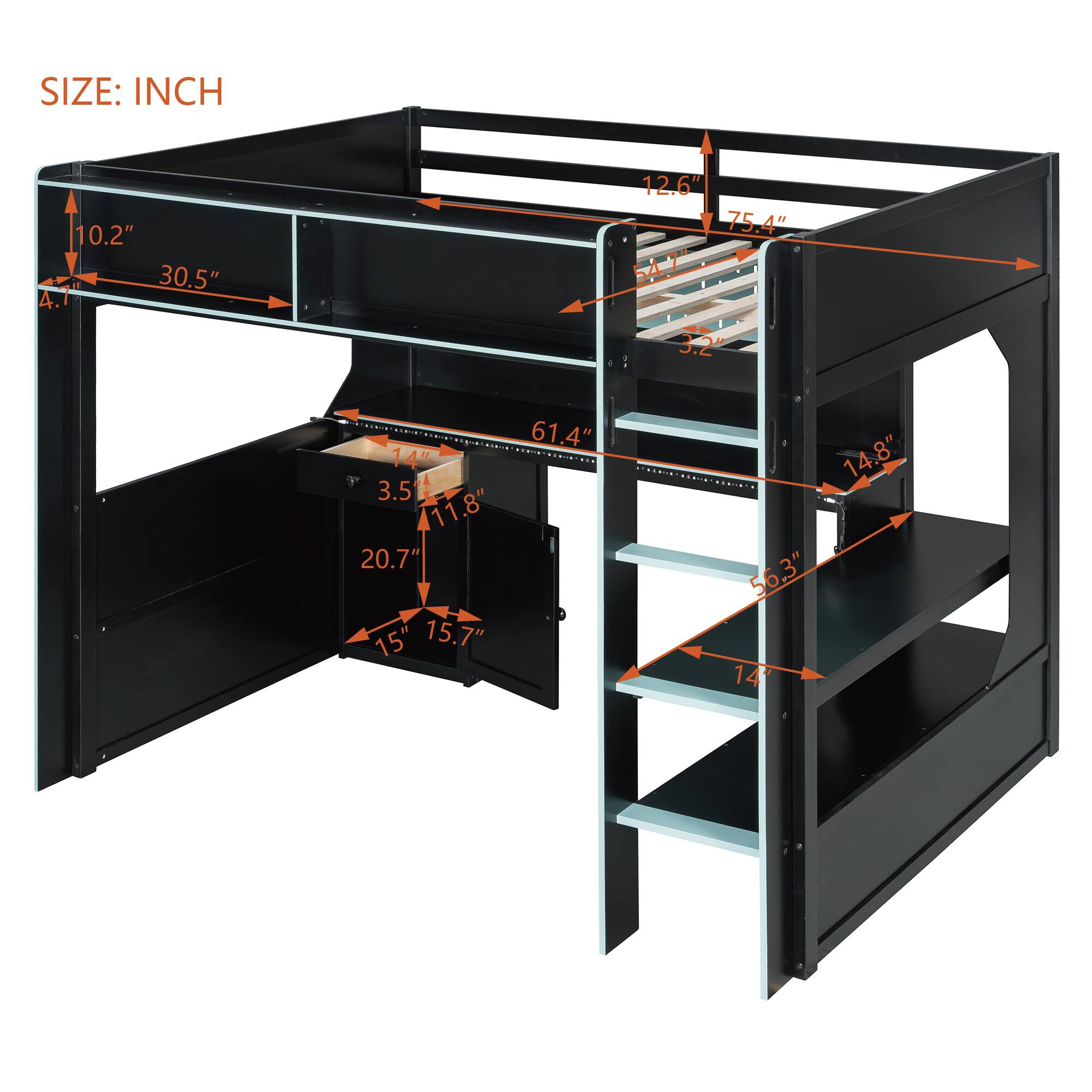 SIZE: INCH

- 10.2"
- 30.5"
- 4.1"
- 12.6"
- 75.4"
- 54.7"
- 3.2"
- 61.4"
- 14"
- 3.51"
- 11.8"
- 20.7"
- 15"
- 15.7"
- 14.8"
- 56.3"
- 14"