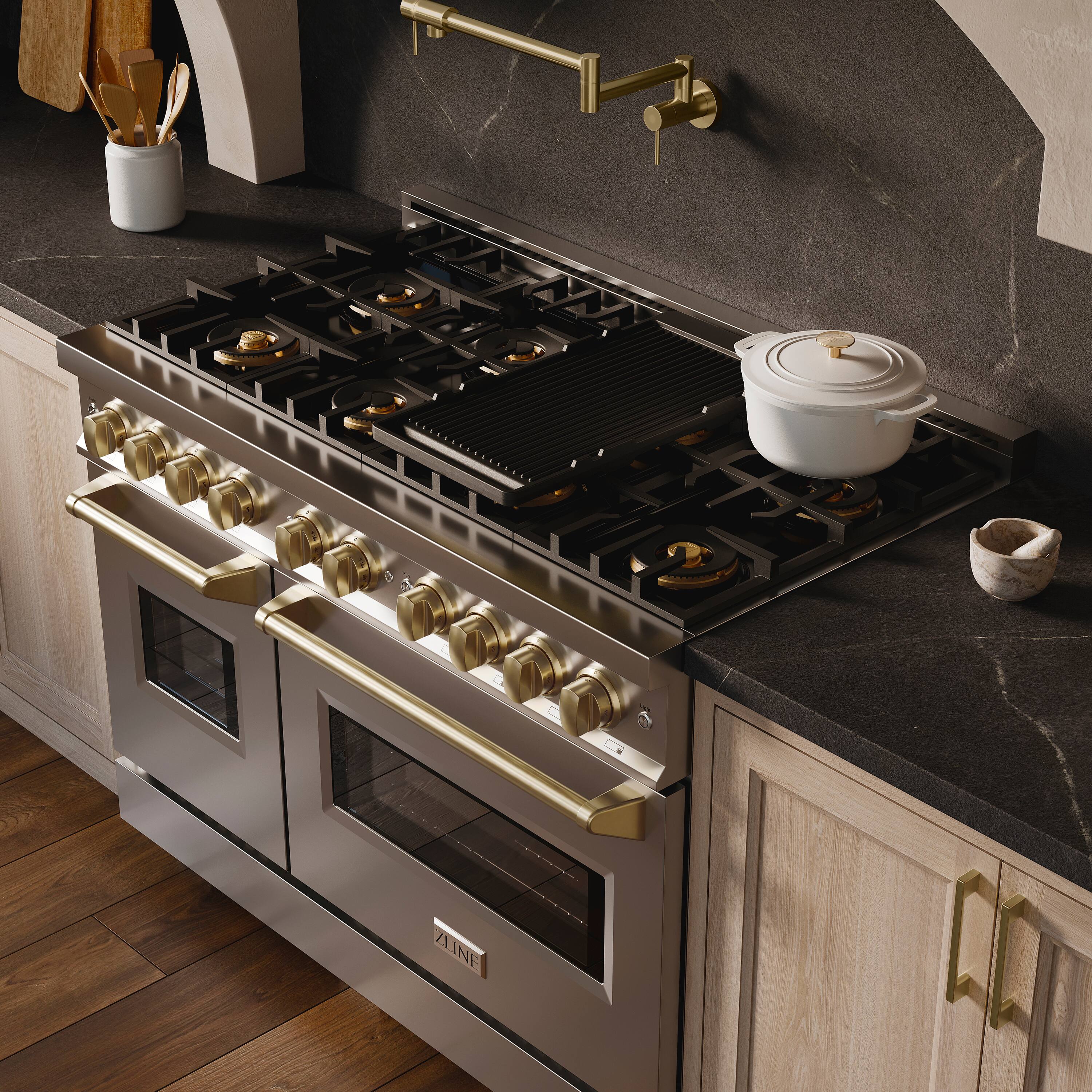 Alt View 6. ZLINE - Autograph 48 in. 6.7 cu. ft. Classic Freestanding DuoPro Gas Range with Convection Oven & Champagne Bronze Accents - Stainless Steel.