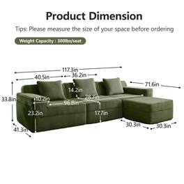 Roomtec - Modular 3 Seat L Shape Sectional Boneless Sofa Cloud Sectional Couch with Deep Seat Modern Modular 3Seat Sofa Couch - Green