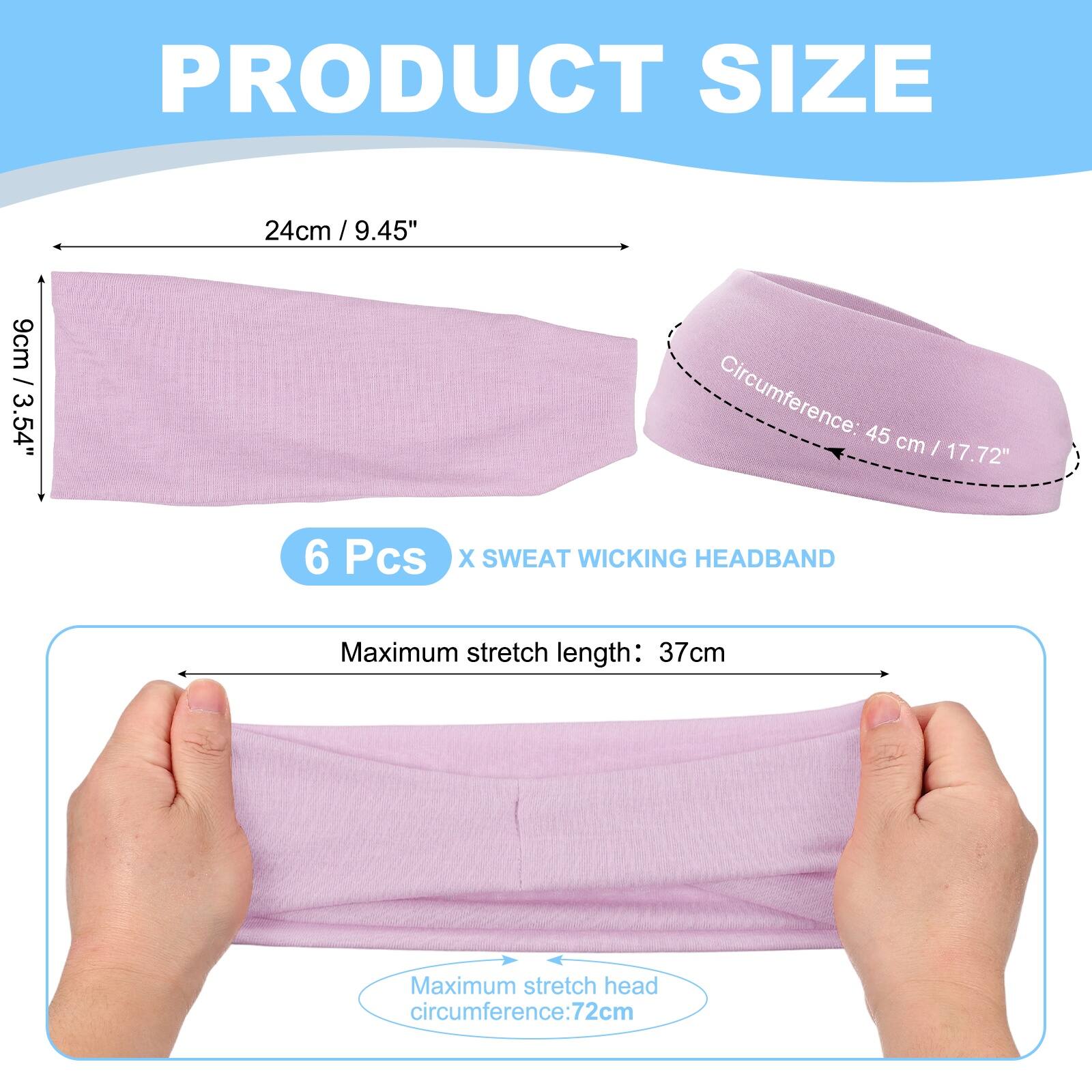 PRODUCT SIZE

24cm / 9.45"  
9cm / 3.54"  
Circumference: 45 cm / 17.72"  

6 Pcs X SWEAT WICKING HEADBAND  

Maximum stretch length: 37cm  
Maximum stretch head circumference: 72cm