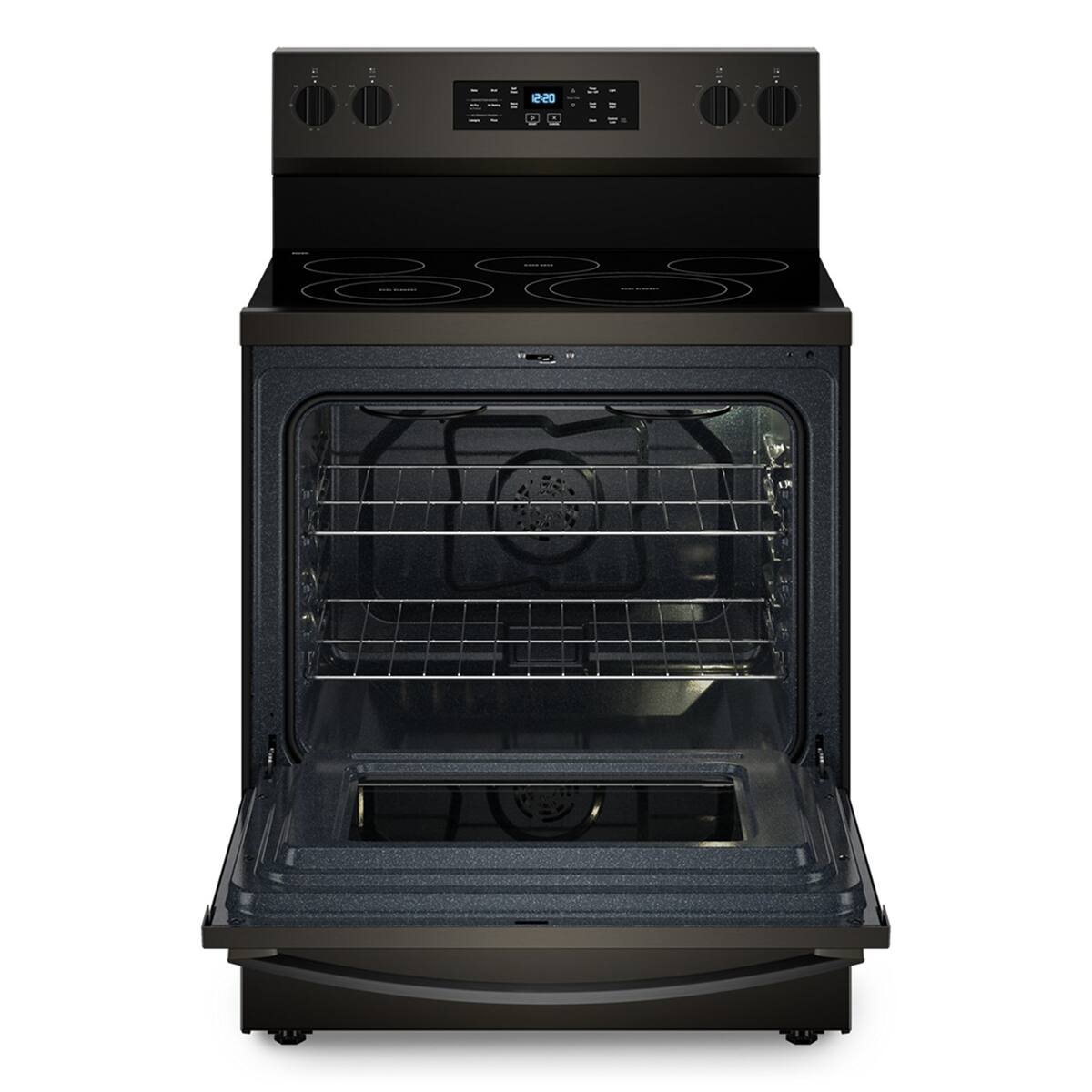 Angle. Whirlpool - 5.3 Cu. Ft. Freestanding Electric Range with Air Cooking Technology, No Preheat Air Fry and Air Baking and Self Clean - Black Stainless.