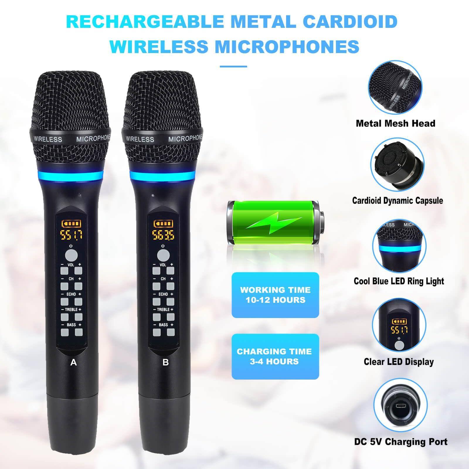 RECHARGEABLE METAL CARDIOID WIRELESS MICROPHONES

- Metal Mesh Head
- Cardioid Dynamic Capsule
- Cool Blue LED Ring Light
- Clear LED Display
- DC 5V Charging Port

WORKING TIME: 10-12 HOURS

CHARGING TIME: 3-4 HOURS

- VOL
- CH
- ECHO
- TREBLE
- BASS

A B