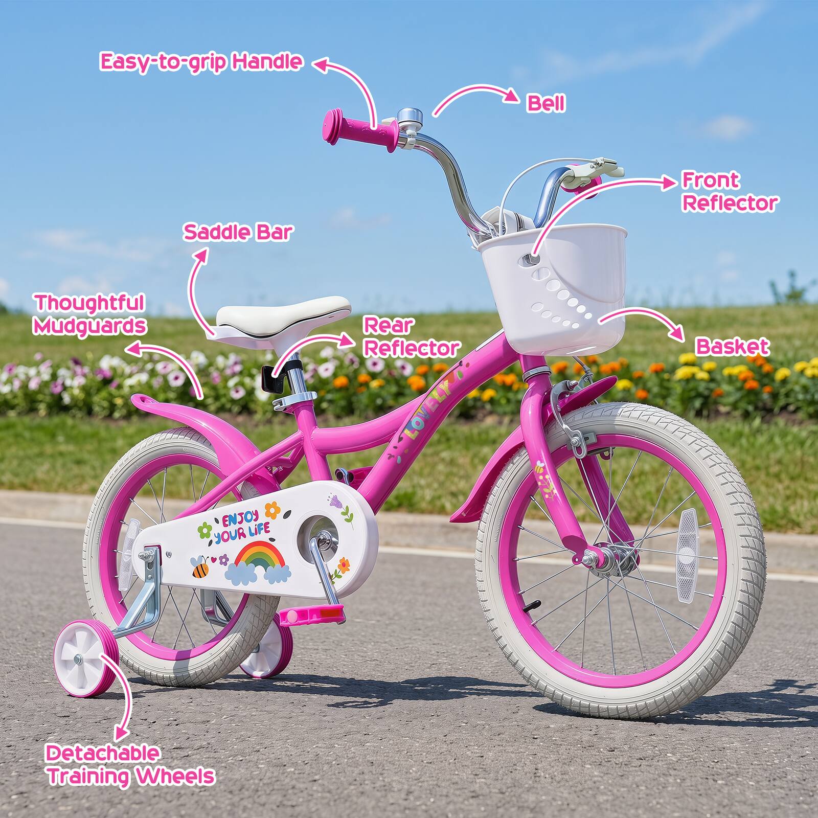 Easy-to-grip Handle  
Bell  
Saddle Bar  
Front Reflector  
Thoughtful Mudguards  
Rear Reflector  
Basket  
Detachable Training Wheels