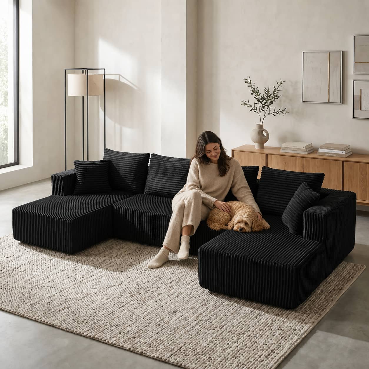 Front. Meqiodas - 132.1 Inch Modular Sectional Sofa, U-Shaped Corduroy Couch with Double Chaise, Oversized Cloud Couch for Living Room - Black.