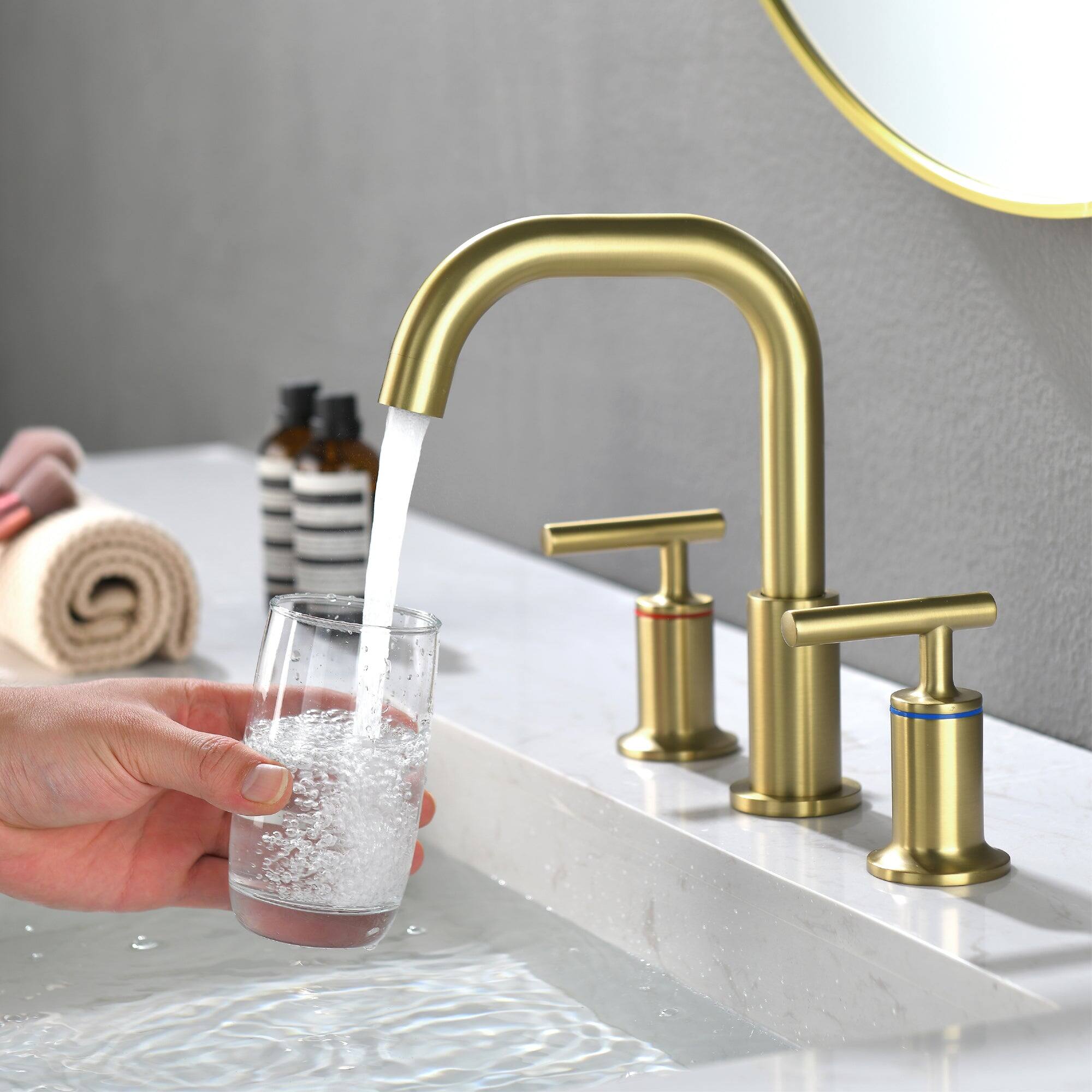 Alt View 10. Boyel Living - 8 in Widespread Double Handle 1.2 GPM Bathroom Faucet with Quick Connect Hose and Water Supply Hose in Brushed Gold - Brushed Gold.