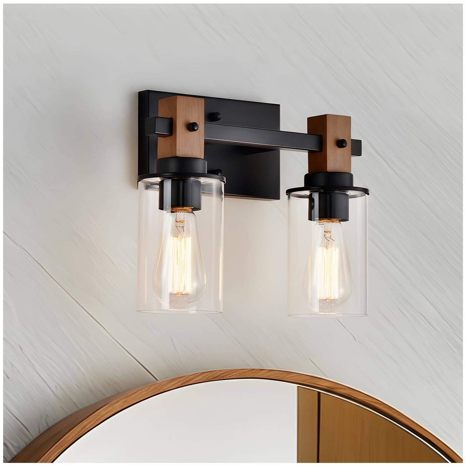 Front. TECH SAFARI - Farmhouse Bathroom Light Fixtures Vanity With Clear Glass Cylinder Shades Matte Metal Wood Rustic Wall Sc - 2-Light.