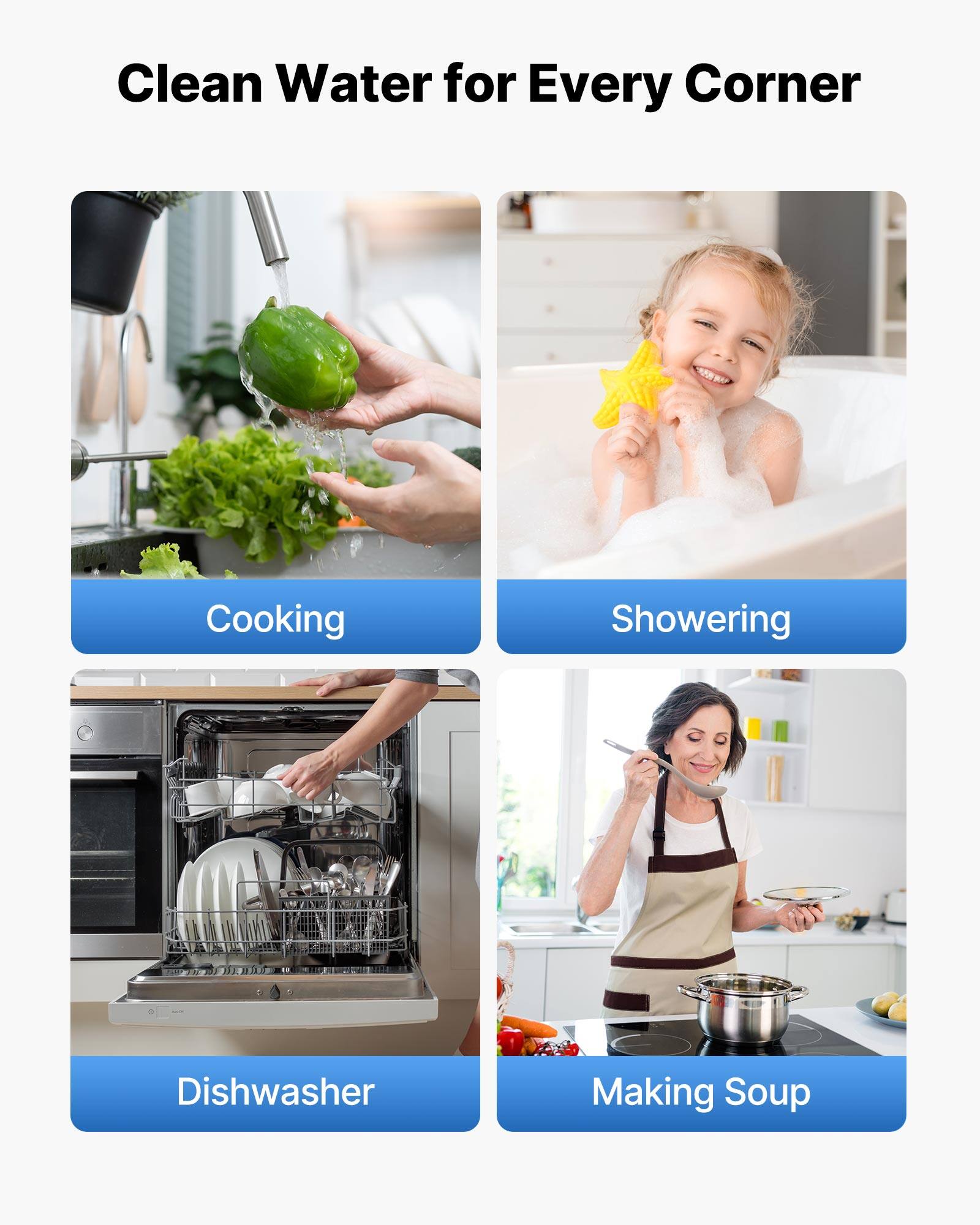 Clean Water for Every Corner

- Cooking
- Showering
- Dishwasher
- Making Soup
