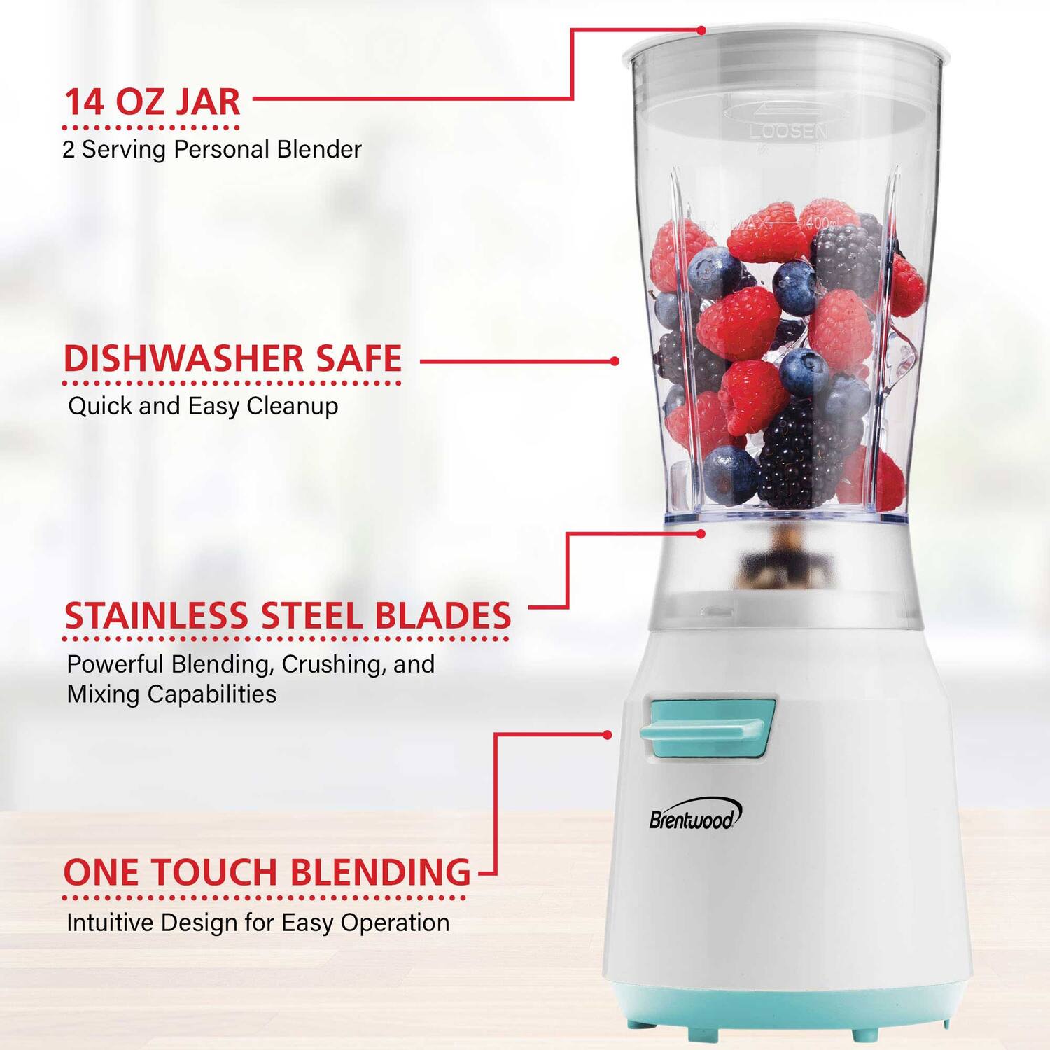 14 OZ JAR  
2 Serving Personal Blender  

DISHWASHER SAFE  
Quick and Easy Cleanup  

STAINLESS STEEL BLADES  
Powerful Blending, Crushing, and Mixing Capabilities  

ONE TOUCH BLENDING  
Intuitive Design for Easy Operation