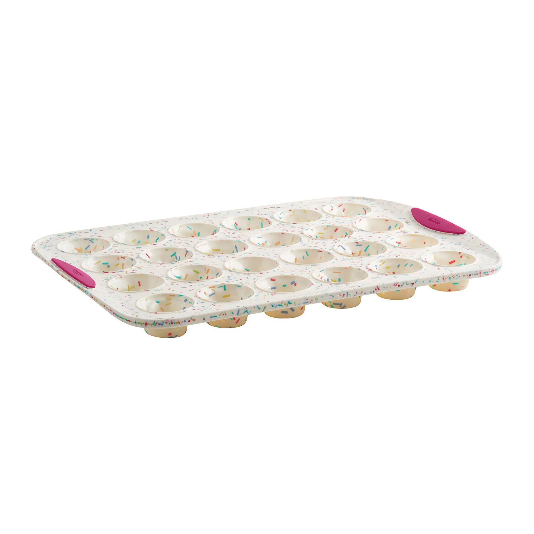 Front. Trudeau - Structure Silicone 24 Cavity Mini Muffin Pan, Confetti/Fuchsia - White.