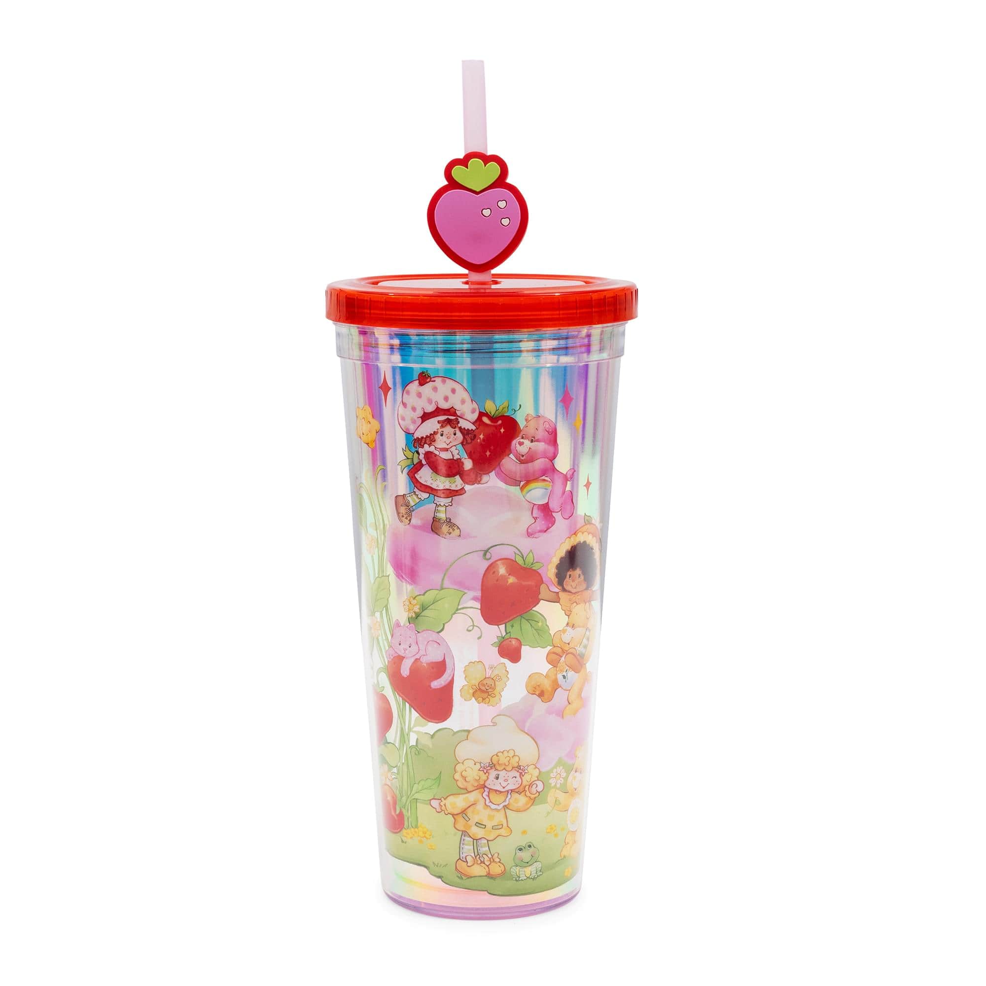 Front. Silver Buffalo - Care Bears x Strawberry Shortcake 24-Ounce Carnival Cup With Straw Topper Charm - Red.