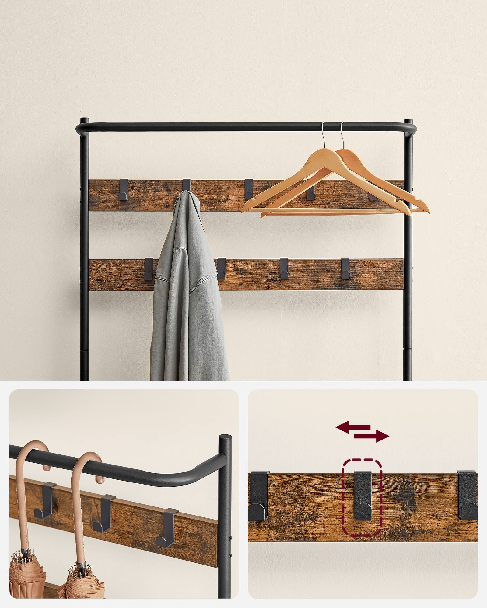 Alt View 1. Songmics Home - Hall Tree with Bench and Shoe Storage, Entryway Bench with Coat Rack Stand and Shoe Rack, 9 Movable Hooks, Top Bar - Rustic Brown and Black.