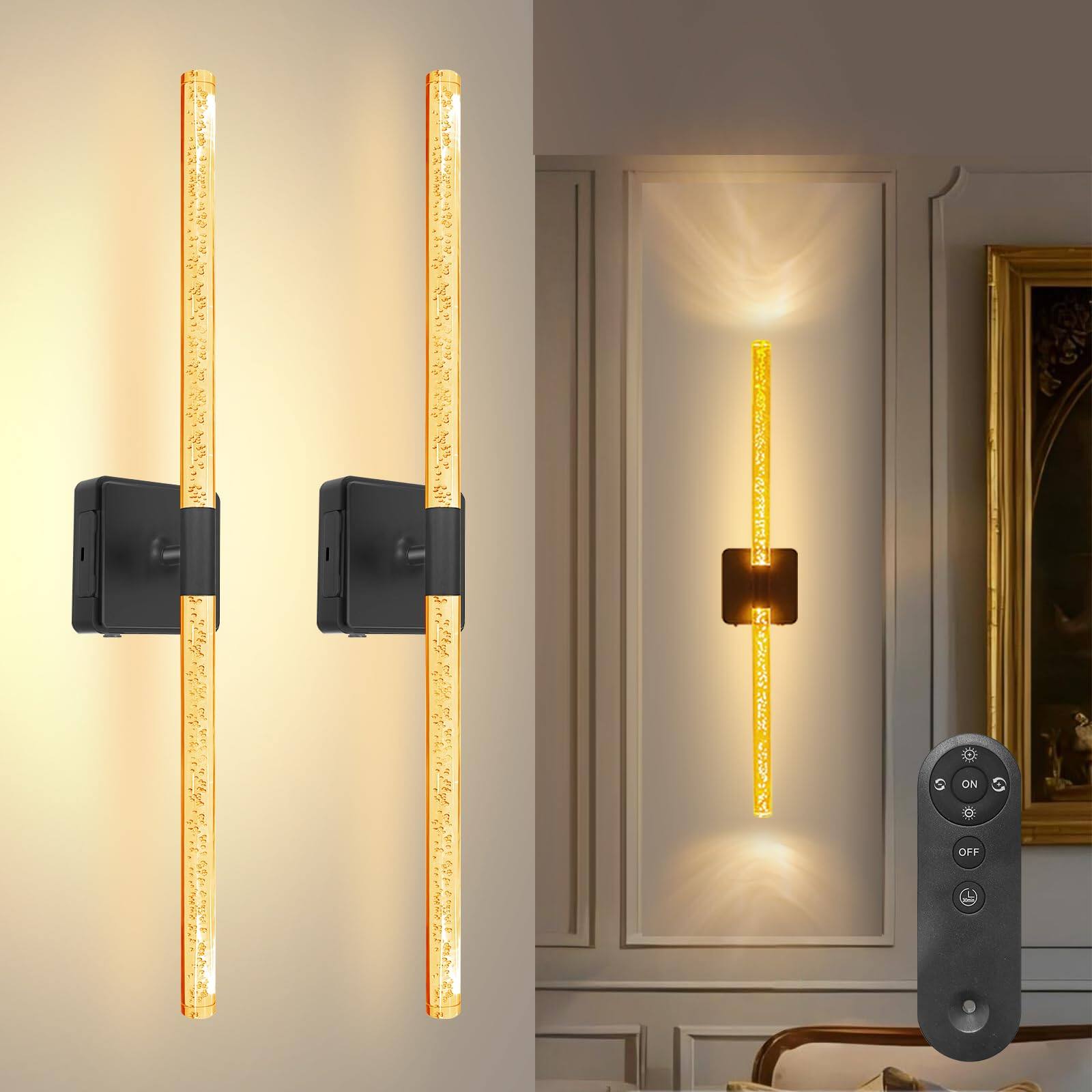 Front. HM 1810 - n Crystal Operated Wall Sconces Set Of Two sunset Glow Ambiance mah Removable Battery Dimmable k k Touch - Black 25in.