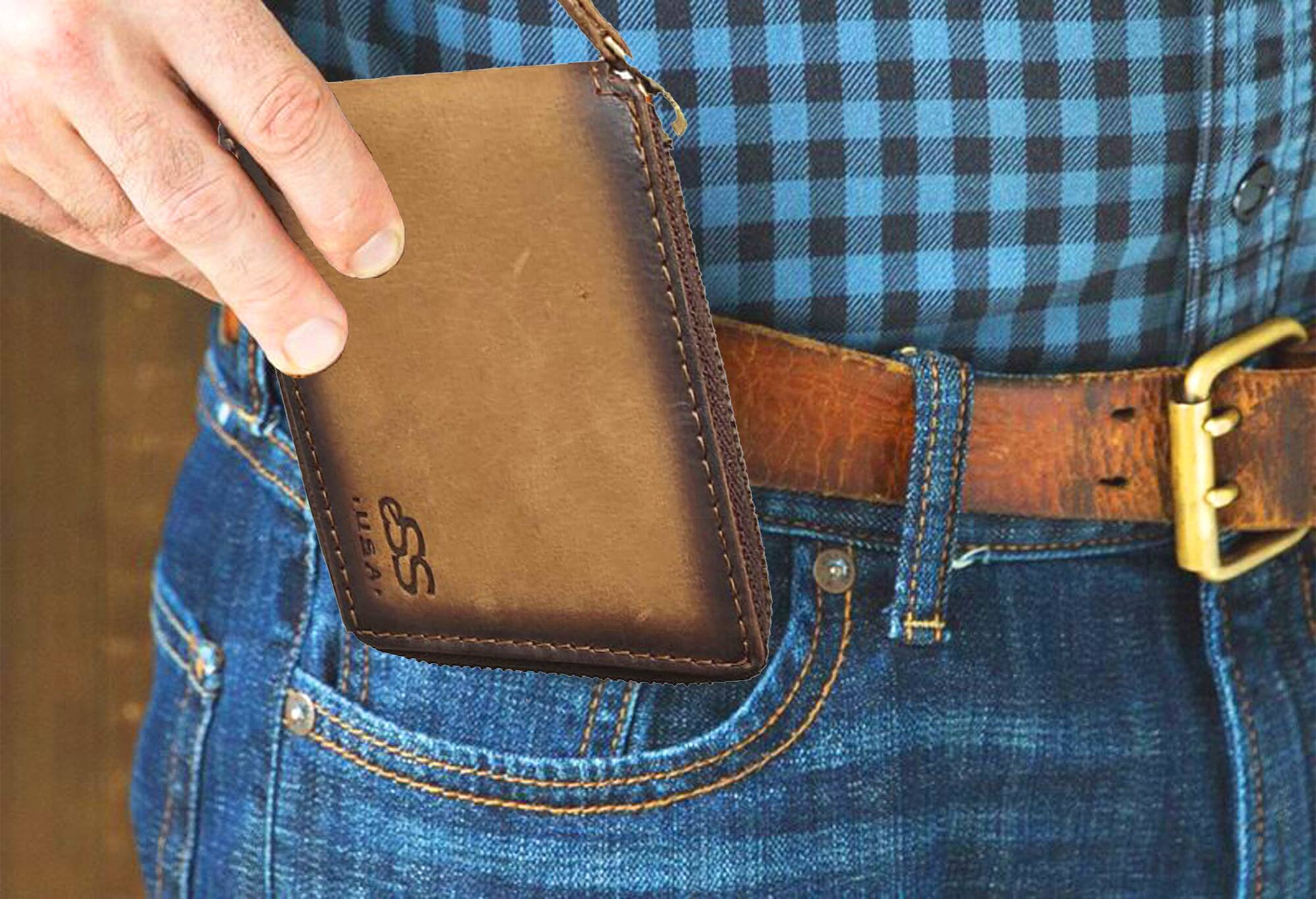 Alt View 4. ESS - Zipper wallet for men - Real Leather wallets - Credit card holder with zip coin pocket - Teak.