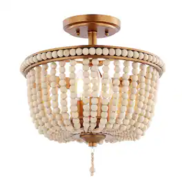 Jonathan Y - Allie 14" 3-Light Bohemian Farmhouse Wood Bead/Iron LED Semi Flush Mount, /Light Taupe - Antique Gold