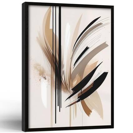 Front. Hirose Alice - Framed Black and White Flower Abstract Wall Art Modern Neutral Canvas Prints Posters Pictures Gallery Wall - Black and White Feather Lines 16L" x 24W".