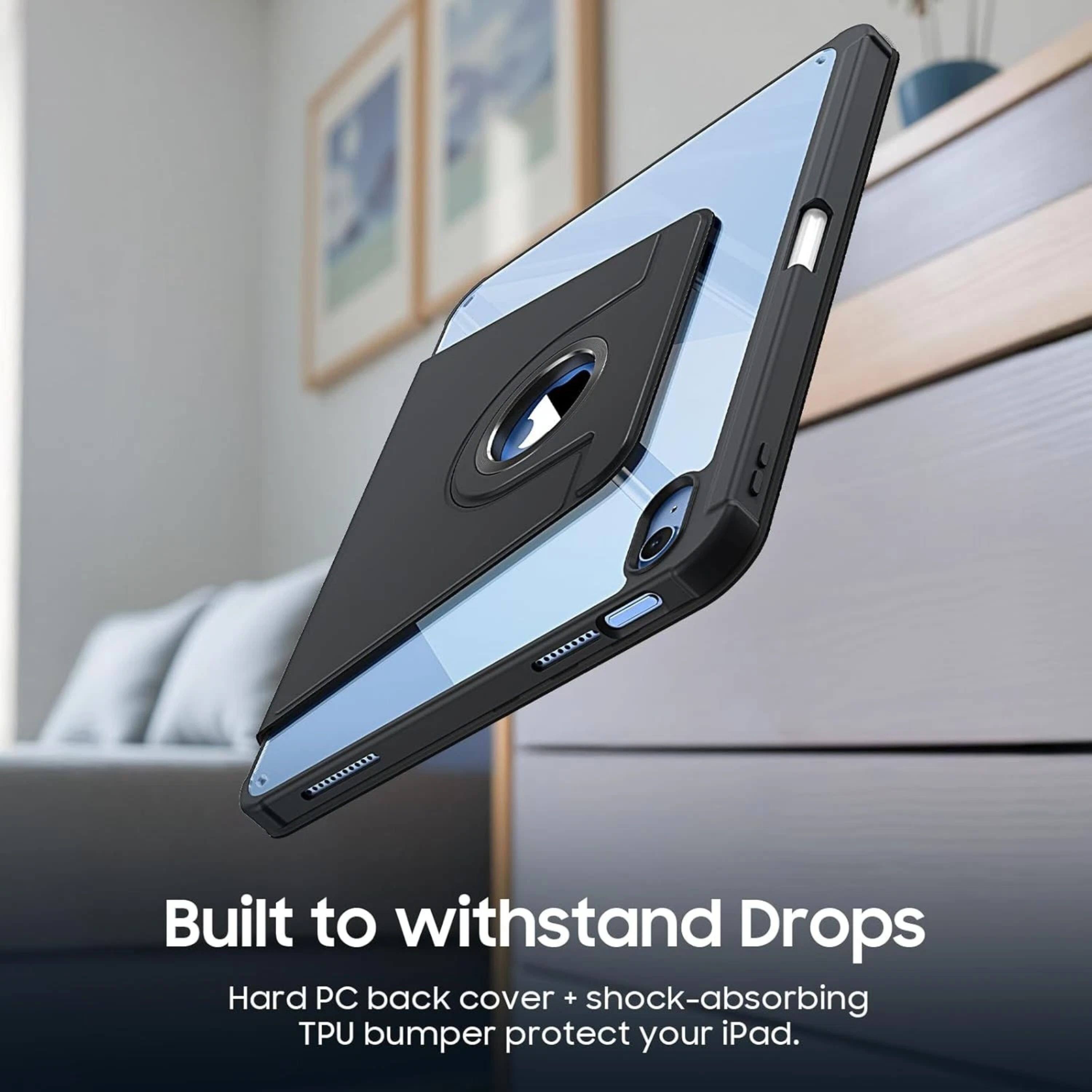 Built to withstand Drops  
Hard PC back cover + shock-absorbing TPU bumper protect your iPad.