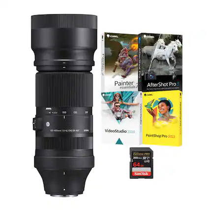 - Painter essentials
- AfterShot Pro 3
- VideoStudio 2020
- PaintShop Pro 2022
- Extreme PRO 64 GB SanDisk
- 100-400mm 1:5-6.3 DG DN | 67
- SIGMA