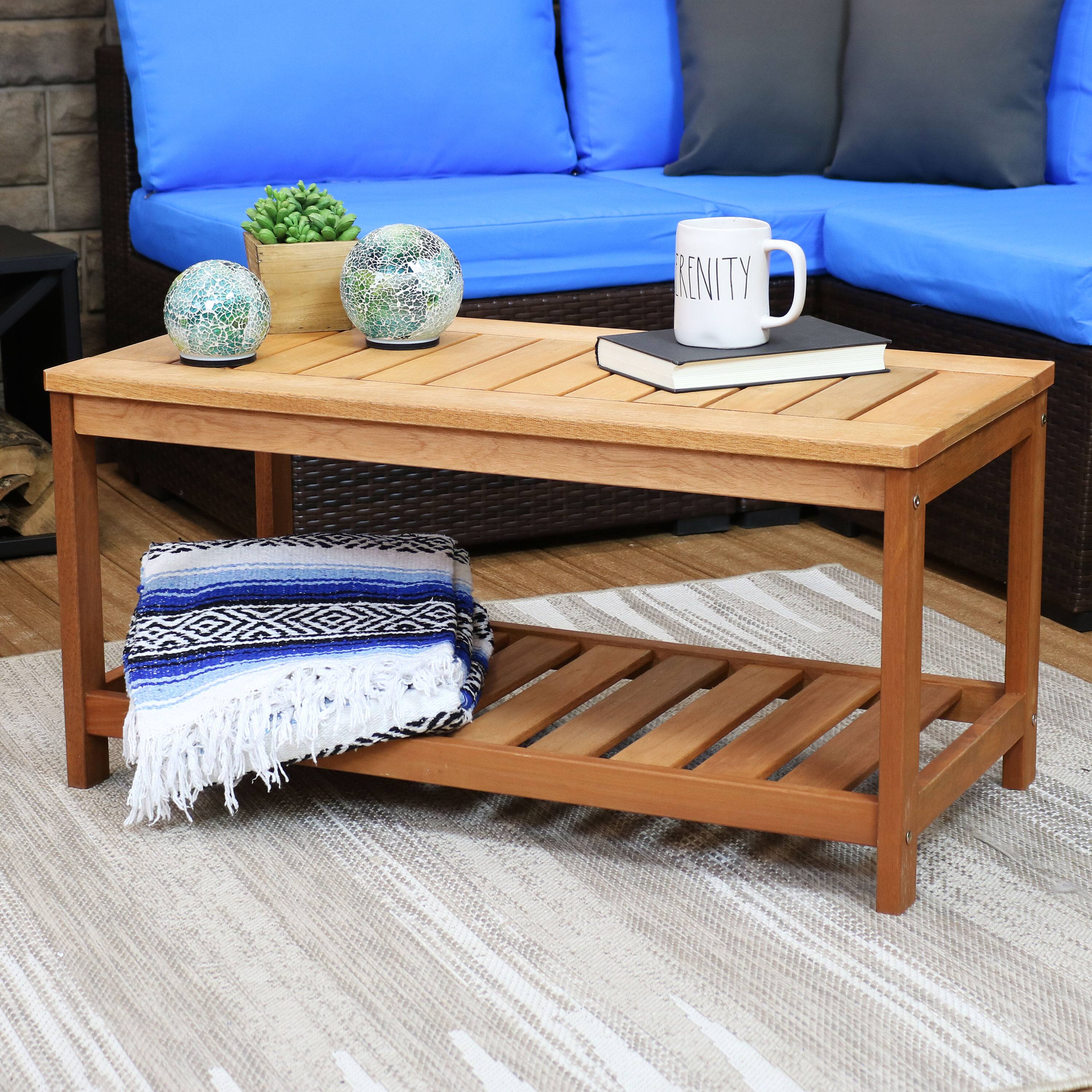 Alt View 4. Sunnydaze - 35.25 in Meranti Wood Rectangular Patio Coffee Table with Shelf - Brown.