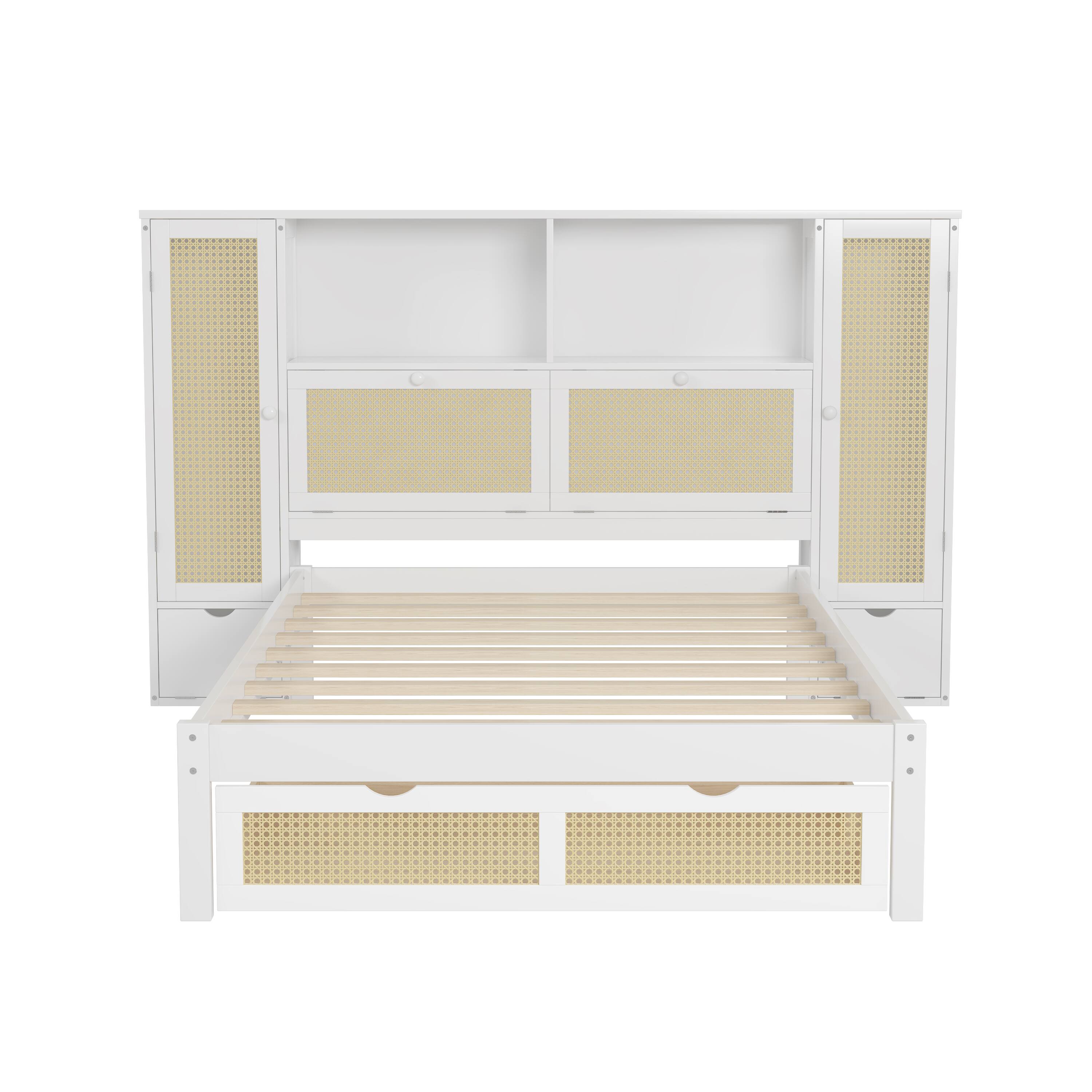 Back. Tiramisubest - Twin Size Wooden Multifunctional Platform Bed with Two Storage Lockers, Drawer, and Storage Shelf on Headboard - White.