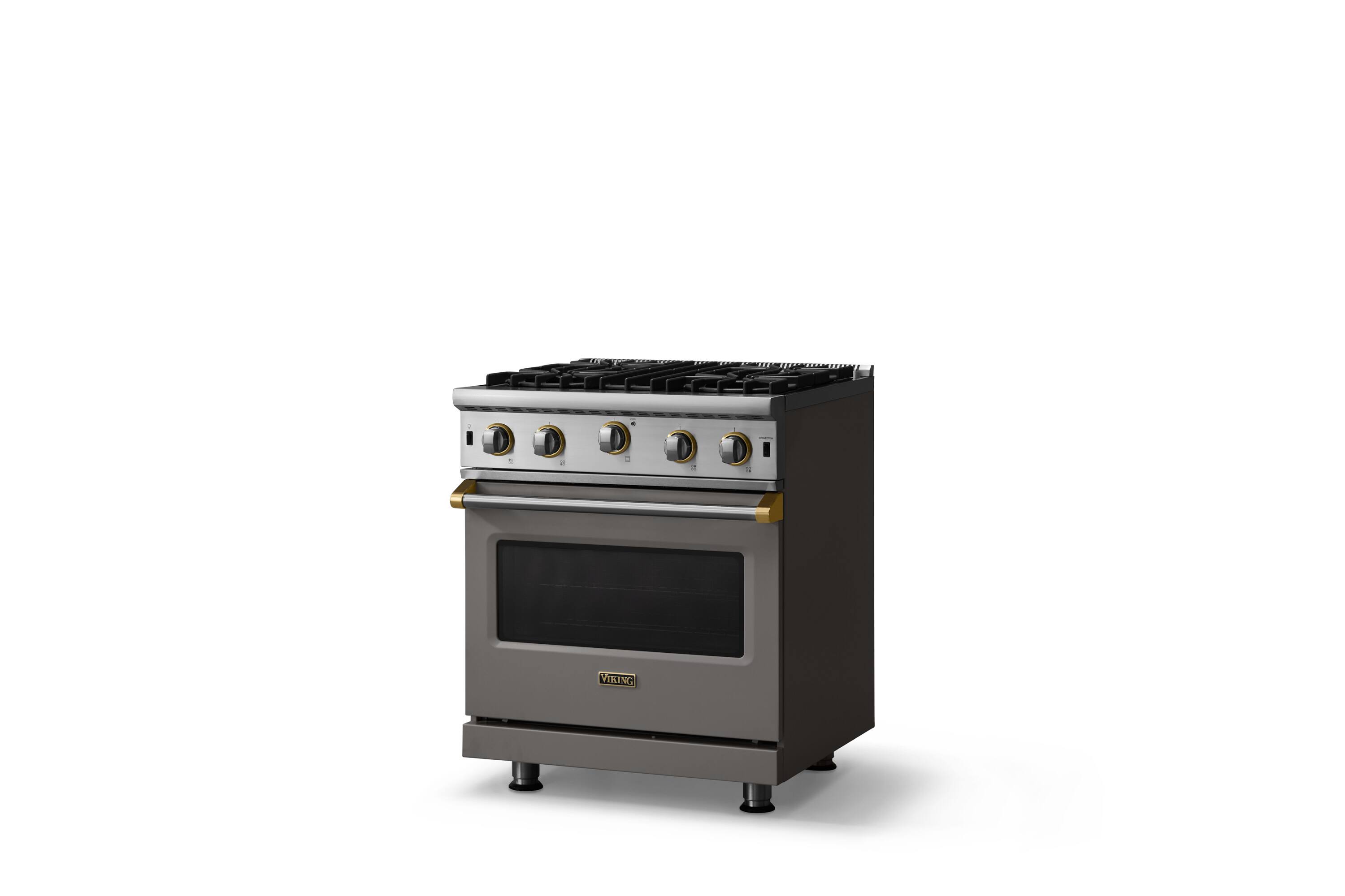 Angle. Viking - 30"W. 4.0 Cu. Ft. Freestanding Self-Clean Open Burner LP Gas Convection Range-Damascus Gray w. Brushed Brass Trim - Damascus Gray.
