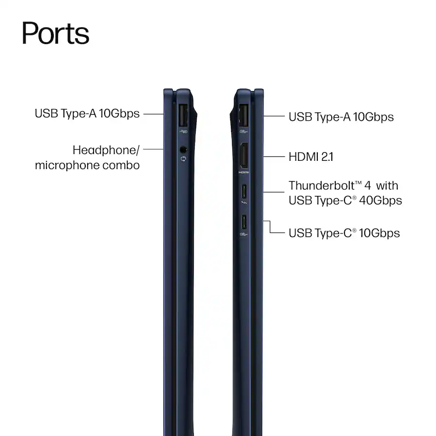 Ports: * USB Type-A 10Gbps * Headphone/microphone combo * HDMI 2.1 * Thunderbolt 4 with USB Type-C 40Gbps * USB Type-C 10Gbps
