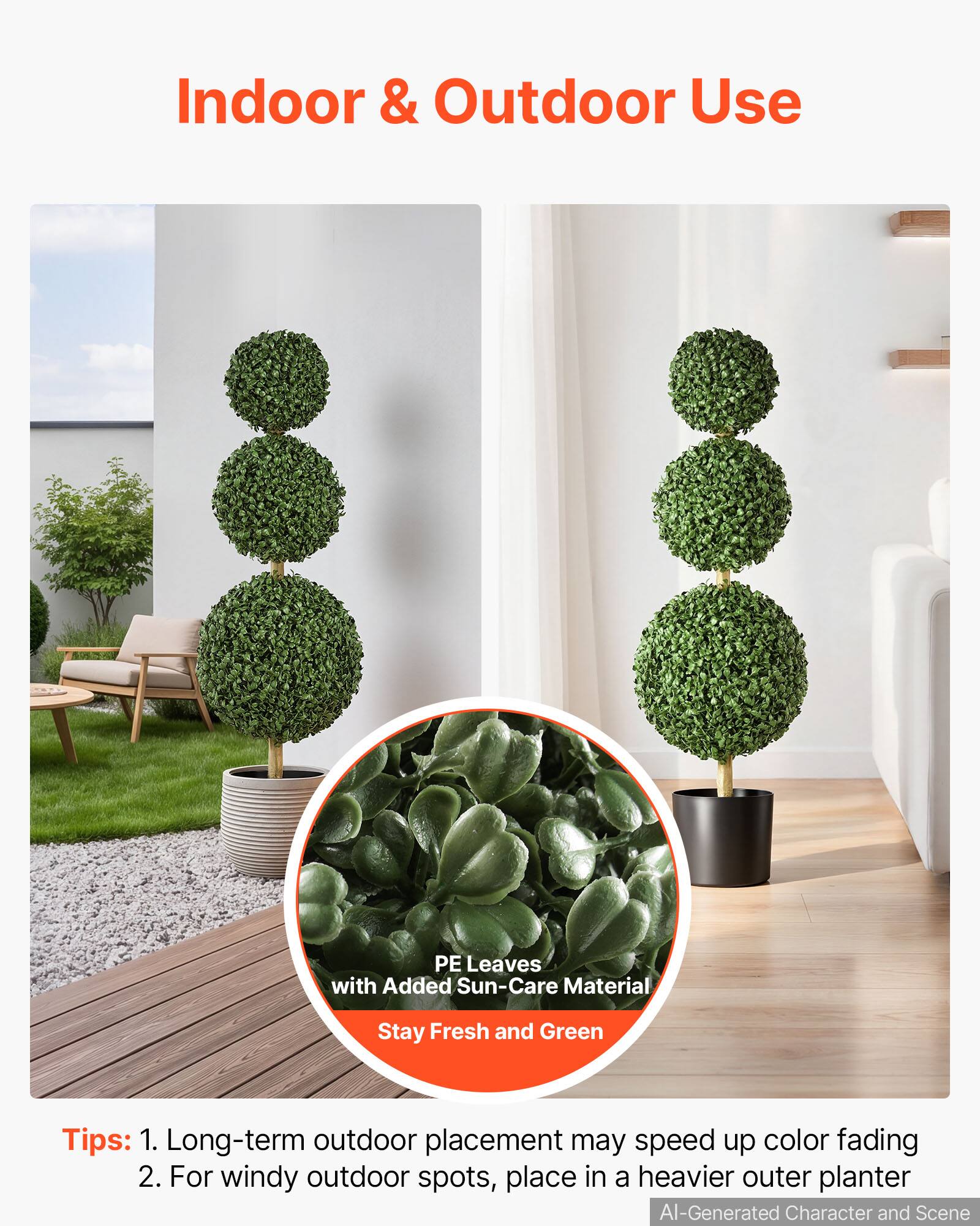 Indoor & Outdoor Use

PE Leaves with Added Sun-Care Material
Stay Fresh and Green

Tips:
1. Long-term outdoor placement may speed up color fading
2. For windy outdoor spots, place in a heavier outer planter

AI-Generated Character and Scene